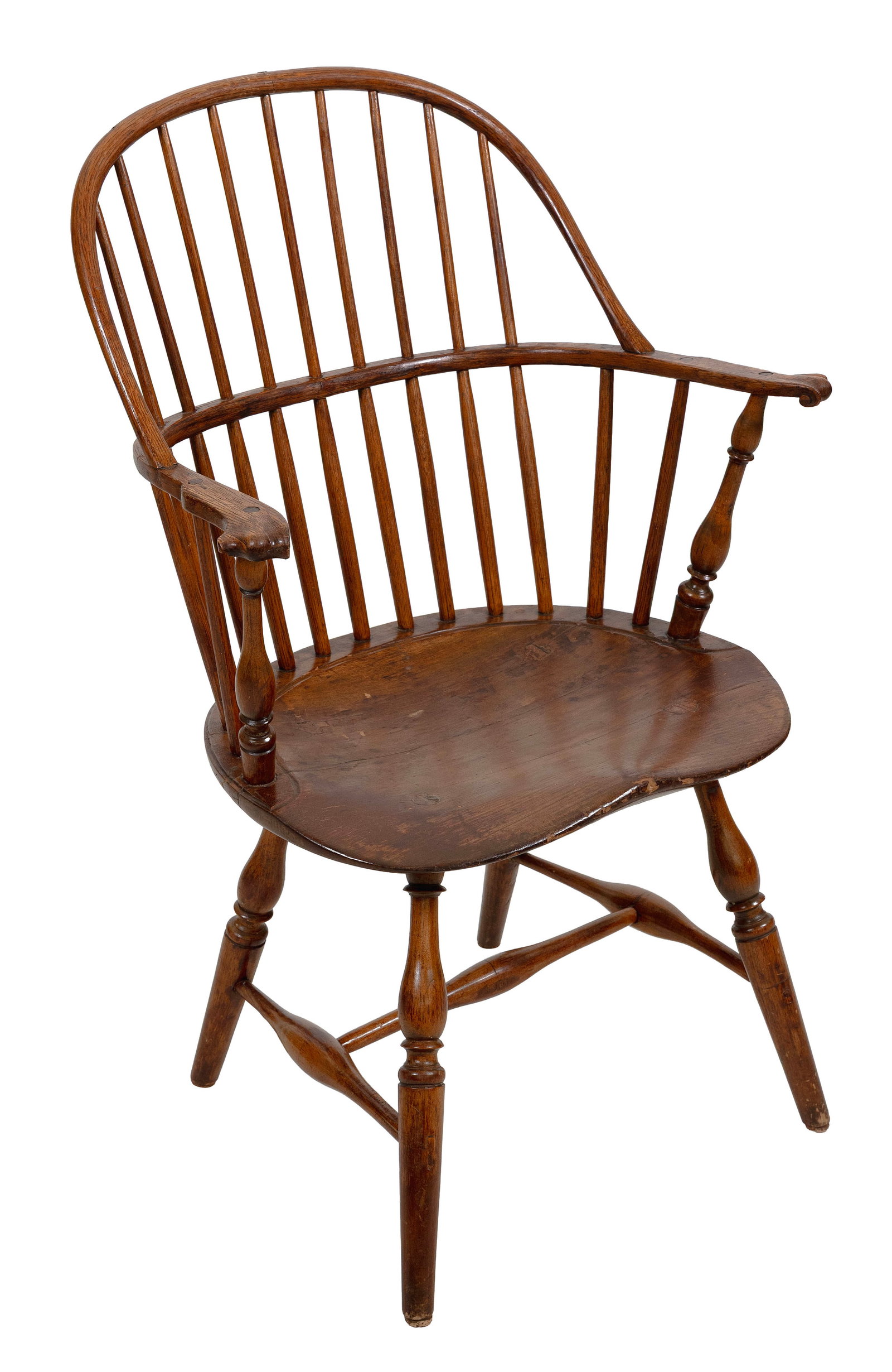 MAPLE AND ASH WINDSOR BOW-BACK ARMCHAIR Pennsylvania, Late 18th Century Back height 37". Seat height: MAPLE AND ASH WINDSOR BOW-BACK ARMCHAIR Pennsylvania, Late 18th Century Scrolled knuckles. Saddle seat. Back height 37". Seat height 16.75". Provenace: Collection of the Elizabethtown, New Jersey Hist
