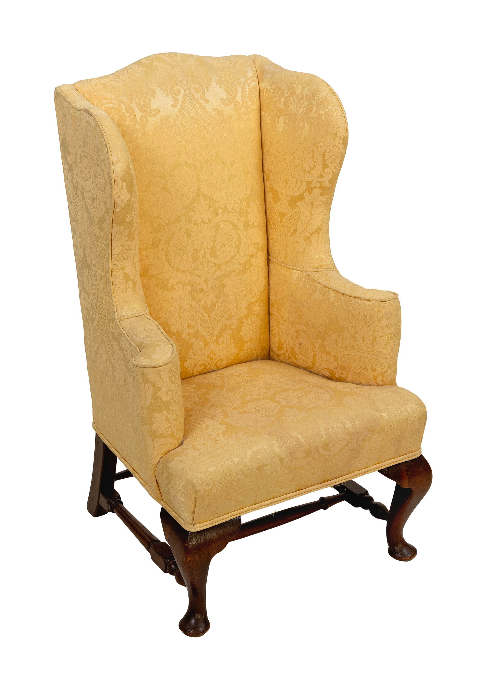 CHILD'S QUEEN ANNE-STYLE WING CHAIR 19th Century Back height 33". Seat height 12".: CHILD'S QUEEN ANNE-STYLE WING CHAIR 19th Century Mahogany cabriole front legs with pad feet, raked rear legs and a block and turned stretcher. Gold damask upholstery. Back height 33". Seat height 12".