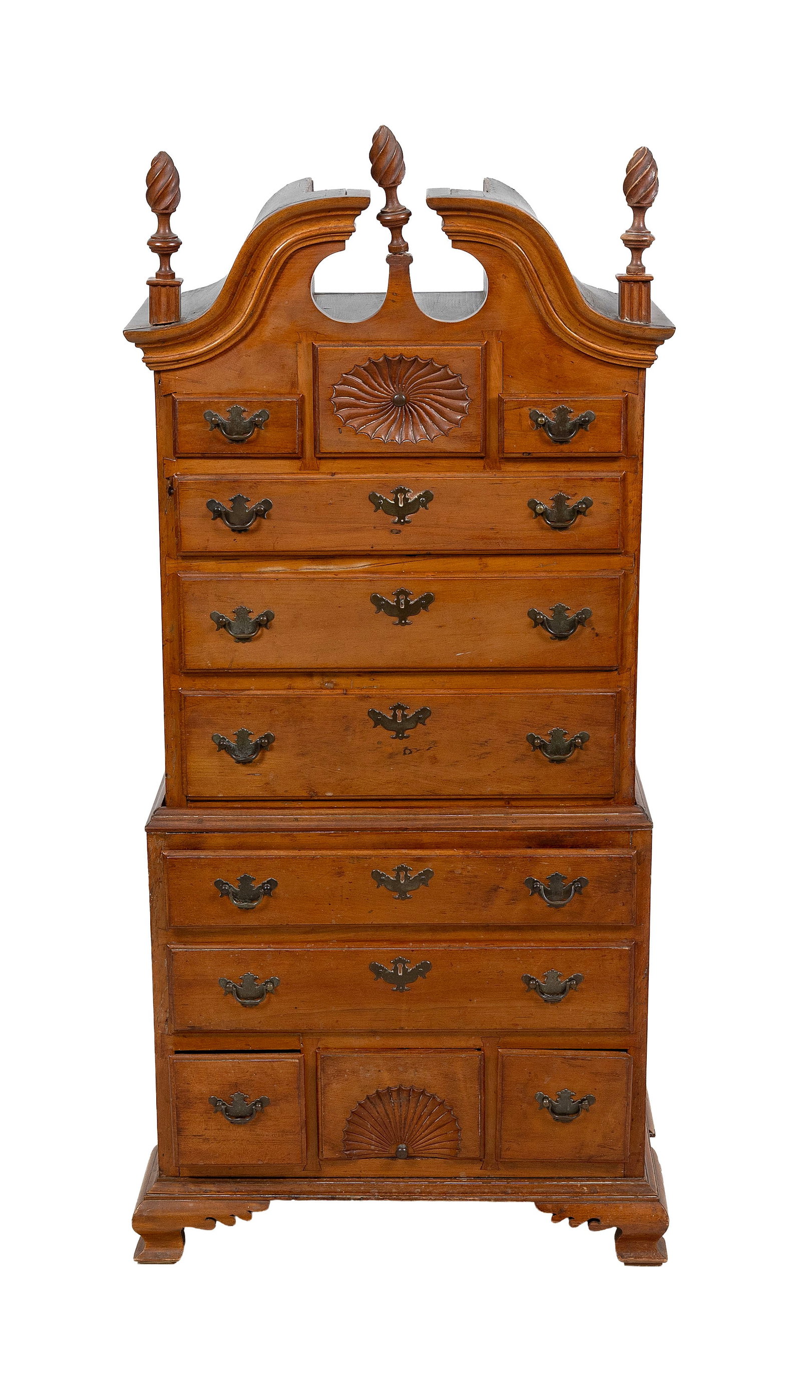 CHILD'S OR MINIATURE CHIPPENDALE-STYLE MAPLE BONNET-TOP CHEST-ON-CHEST Late 19th/Early 20th Century: CHILD'S OR MINIATURE CHIPPENDALE-STYLE MAPLE BONNET-TOP CHEST-ON-CHEST Late 19th/Early 20th Century In two parts. Upper case with three flame finials, and three side-by-side drawers, the central with 