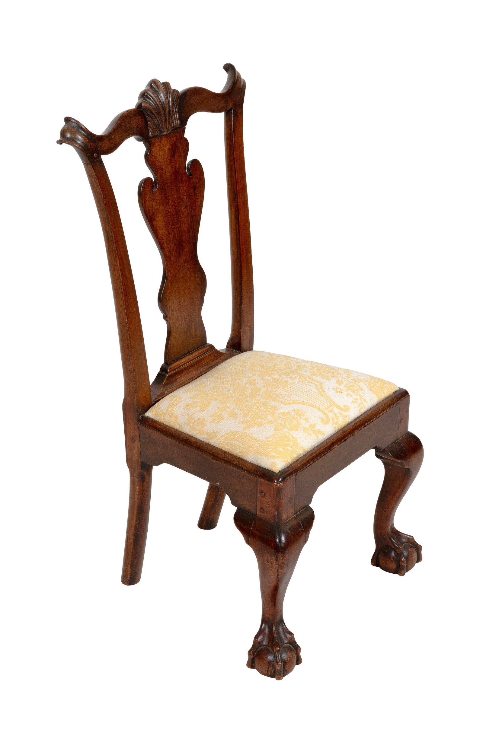 RARE CHILD'S PHILADELPHIA CHIPPENDALE-STYLE WALNUT CHAIR 19th Century Back height 29.25". Seat: RARE CHILD'S PHILADELPHIA CHIPPENDALE-STYLE WALNUT CHAIR 19th Century Wonderfully proportioned. Cupid's-bow crest rail with carved shell at center, and scrolled and finger-carved ears. Seat frame mort