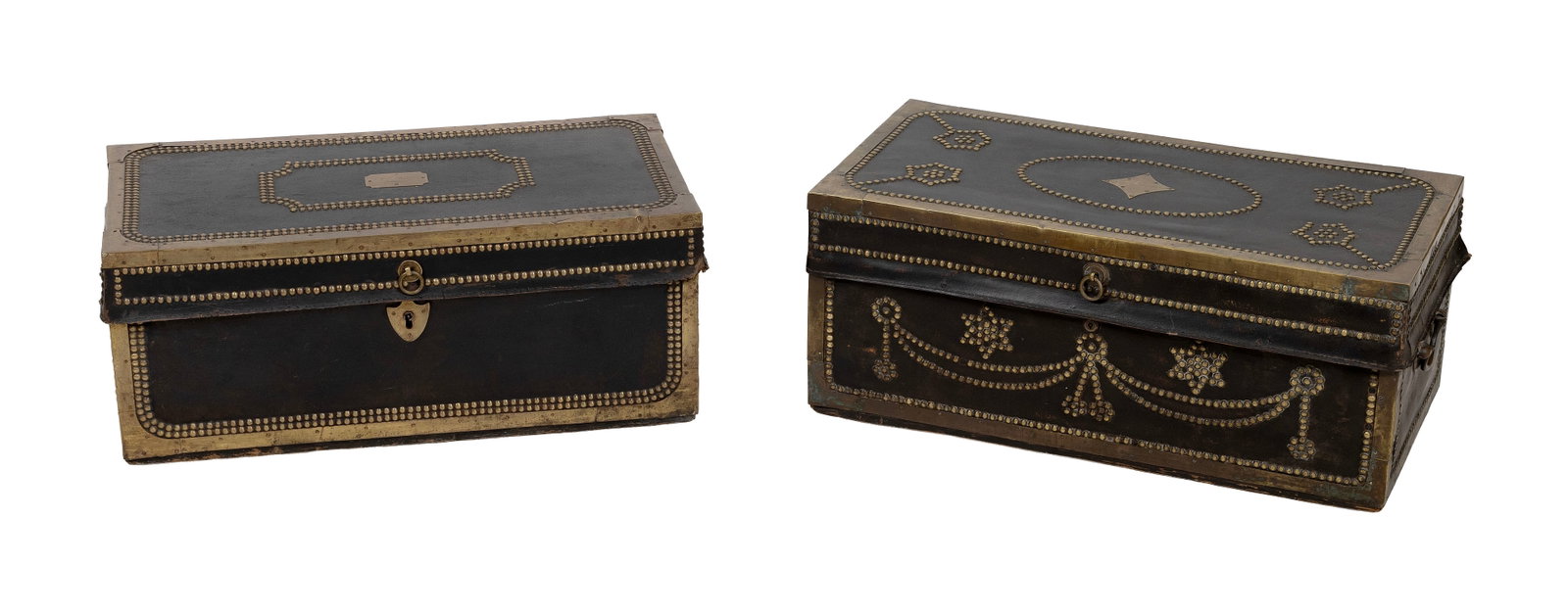 TWO BLACK LEATHER-COVERED CAMPHORWOOD TRUNKS 19th Century Heights 10". Widths 25". Depths 12.5". (1 of 4)