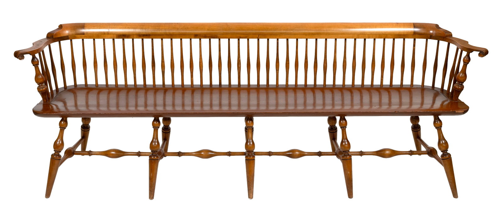 WALLACE NUTTING MAPLE WINDSOR BENCH Early 20th Century Back height 30.5". Seat height 18.5". Length: WALLACE NUTTING MAPLE WINDSOR BENCH Early 20th Century Beautifully carved knuckle arms. Branded and paper label on underside of seat. Back height 30.5". Seat height 18.5". Length 88".