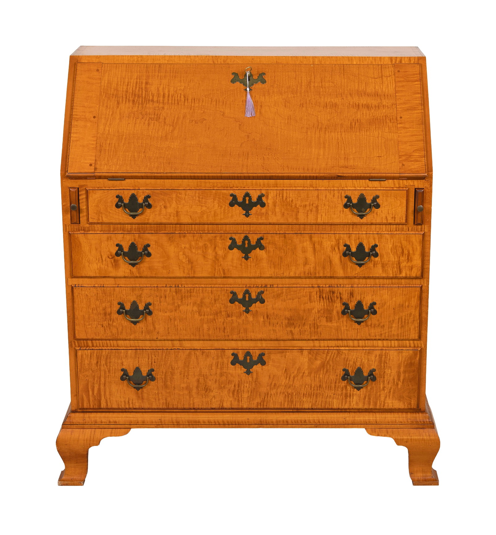 ELDRED WHEELER TIGER MAPLE SLANT-LID DESK Massachusetts, 20th Century Height 41.5". Width 35". Depth: ELDRED WHEELER TIGER MAPLE SLANT-LID DESK Massachusetts, 20th Century Fitted interior. Case with four graduated full-width drawers and an ogee bracket base. Original Eldred Wheeler label inside one dr