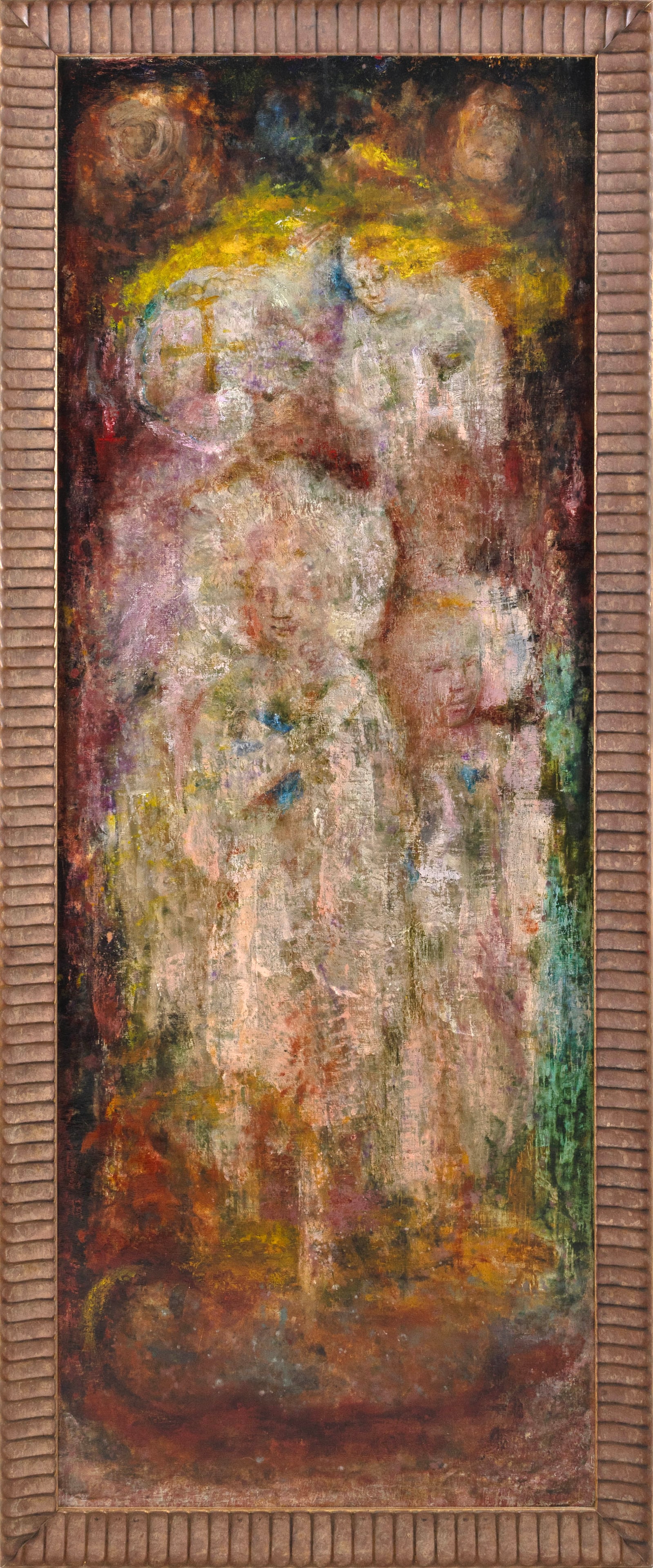 KAHLIL GEORGE GIBRAN (Massachusetts, 1922-2008), "First the Child"., Oil on canvas, 72" x 26".: KAHLIL GEORGE GIBRAN Massachusetts, 1922-2008 "First the Child". Signed and titled verso "Kahil G. Gibran 45 First the Child". Oil on canvas, 72" x 26". Framed 78" x 31.5".