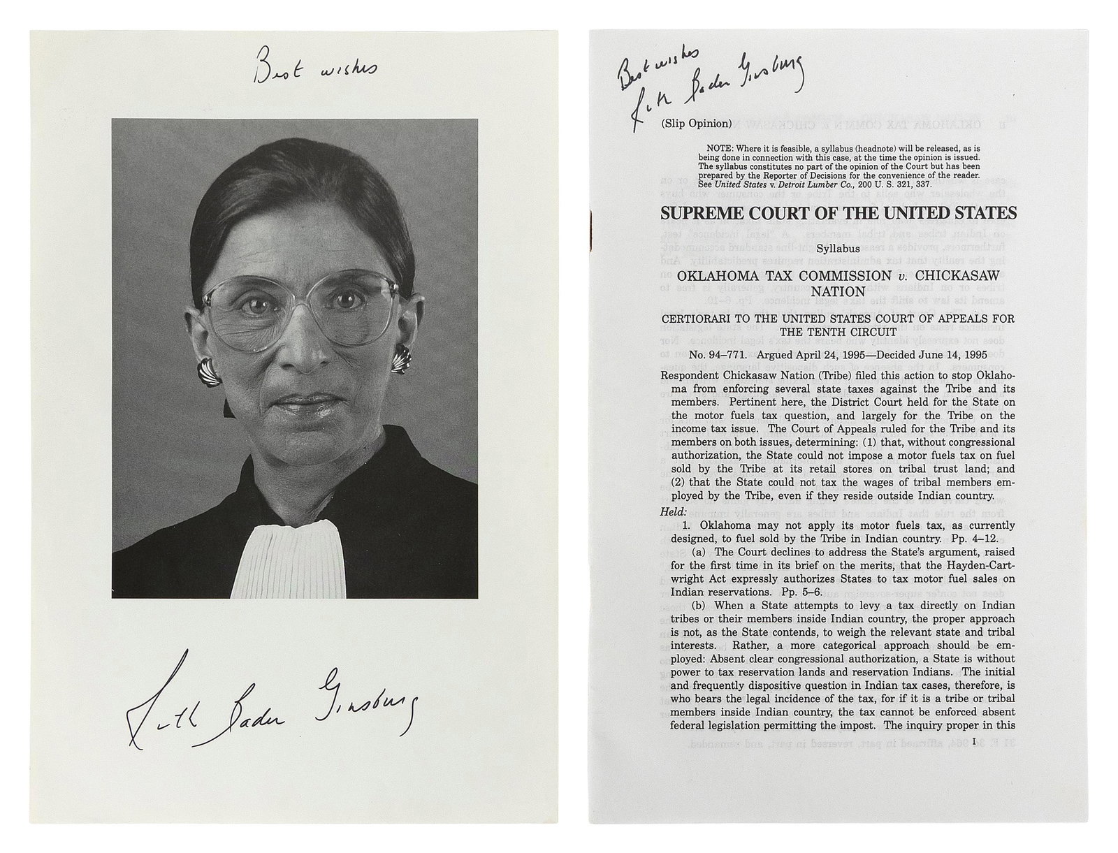 SIGNED PHOTOGRAPH AND SLIP OPINION OF JUSTICE RUTH BADER GINSBURG Fourth Quarter of the 20th Century (1 of 1)