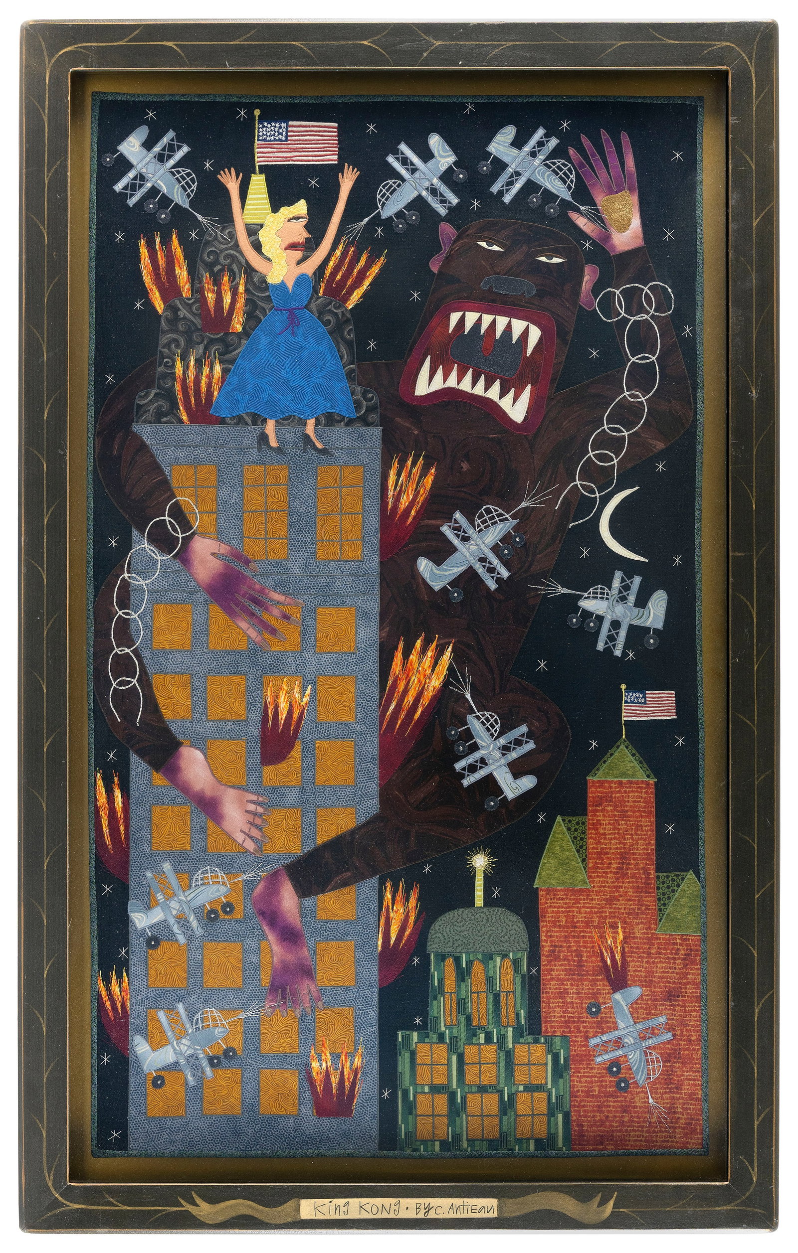 CHRIS ROBERTS-ANTIEAU (Michigan, 1951-), "King Kong"., Fabric appliqu? and embroidery, 38" x 22".: CHRIS ROBERTS-ANTIEAU Michigan, 1951- "King Kong". Signed and titled on frame. Fabric appliqu? and embroidery, 38" x 22". Framed 43" x 27".