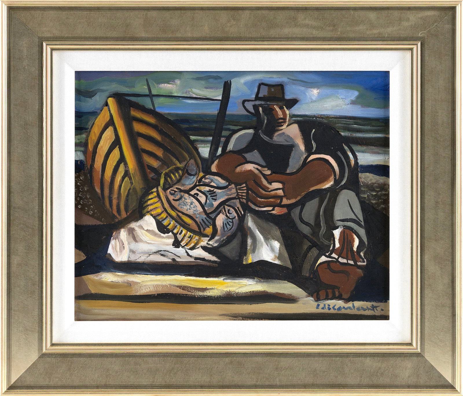 EMILIANO DI CAVALCANTI (Brazil, 1897-1976), "Pescador" (Fisherman)., Oil on canvas, 12.75" x 16".: EMILIANO DI CAVALCANTI Brazil, 1897-1976 "Pescador" (Fisherman). Signed lower right "E di Cavalcanti". Oil on canvas, 12.75" x 16". Framed 19.5" x 22.75". Provenance: Gift from the artist to Josette P