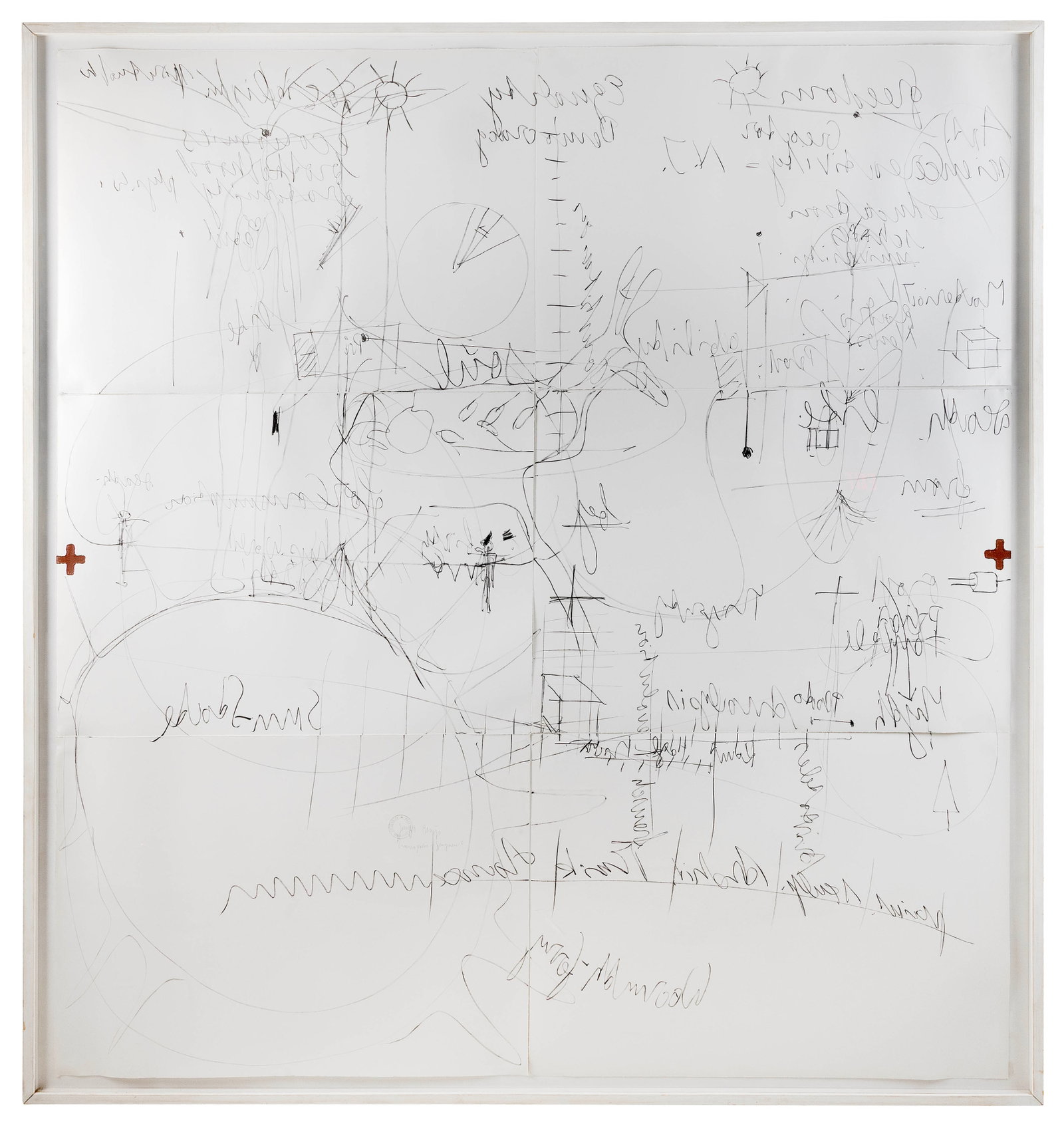 JOSEPH BEUYS (Germany, 1921-1986), Minneapolis fragments., Sheets 24.25" x 35". Framed 90" x 55".: JOSEPH BEUYS Germany, 1921-1986 Minneapolis fragments. Six lithographic impressions mounted on board and presented under a single frame, a highly unusual assembled work related to the Minneapolis Frag