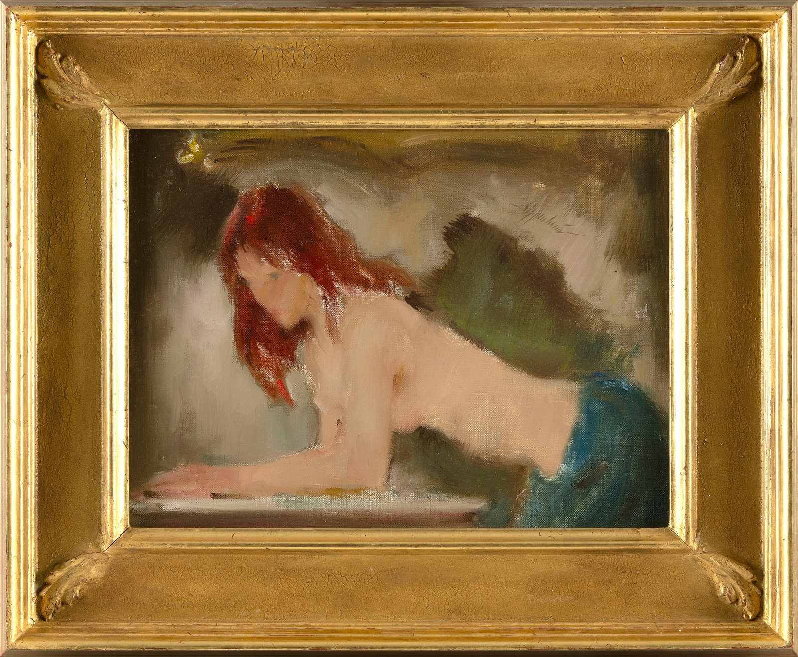 SAMUEL EDMUND OPPENHEIM (New York/Florida, 1901-1992), Woman with red hair wearing a blue skirt.,: SAMUEL EDMUND OPPENHEIM New York/Florida, 1901-1992 Woman with red hair wearing a blue skirt. Signed upper right "Oppenheim". Oil on canvas, 12" x 16". Framed 18.5" x 22.75".