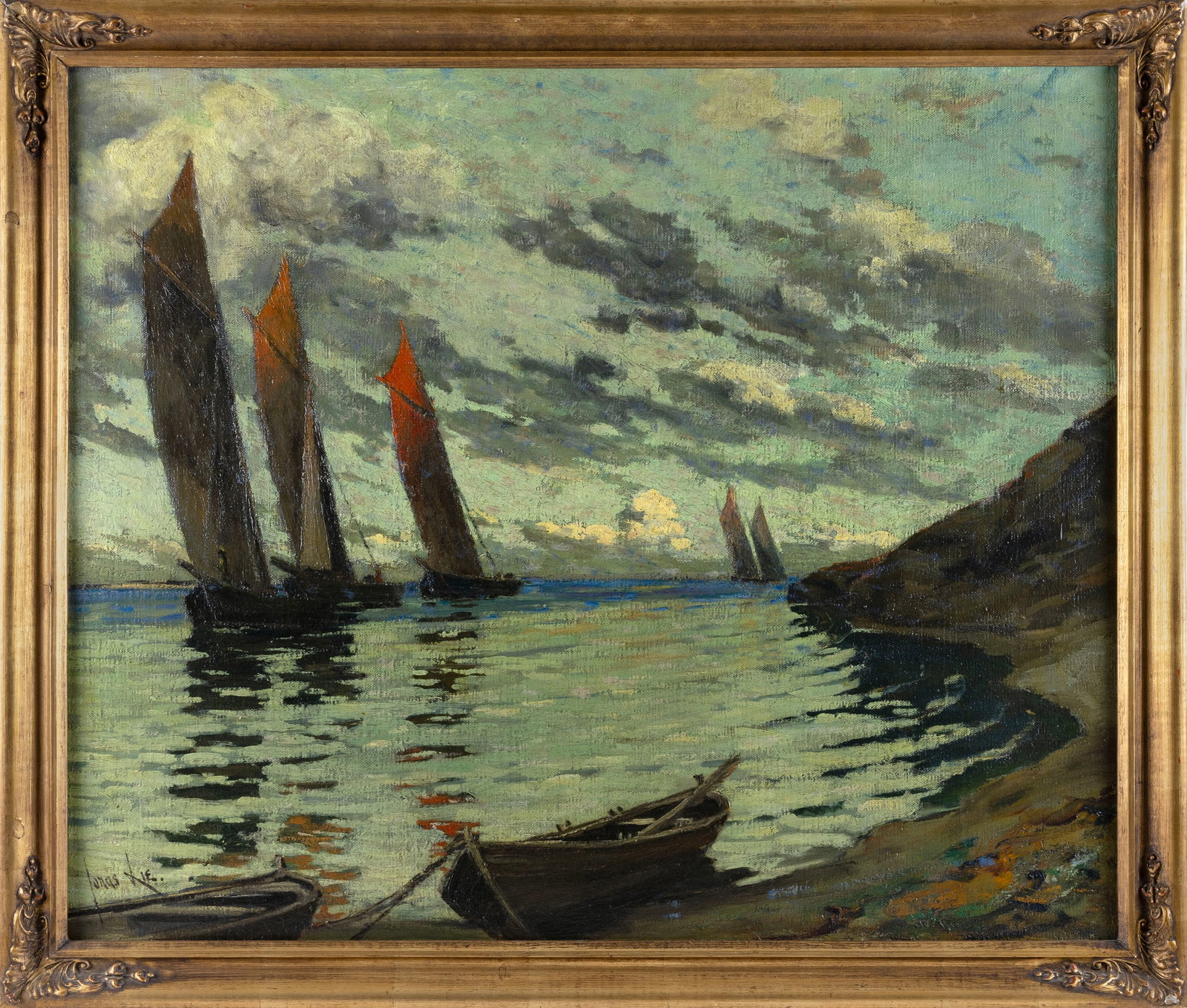 JONAS LIE (Norway/New York, 1880-1940), Sailboats in a Norwegian cove., Oil on canvas, 35.5" x (1 of 2)
