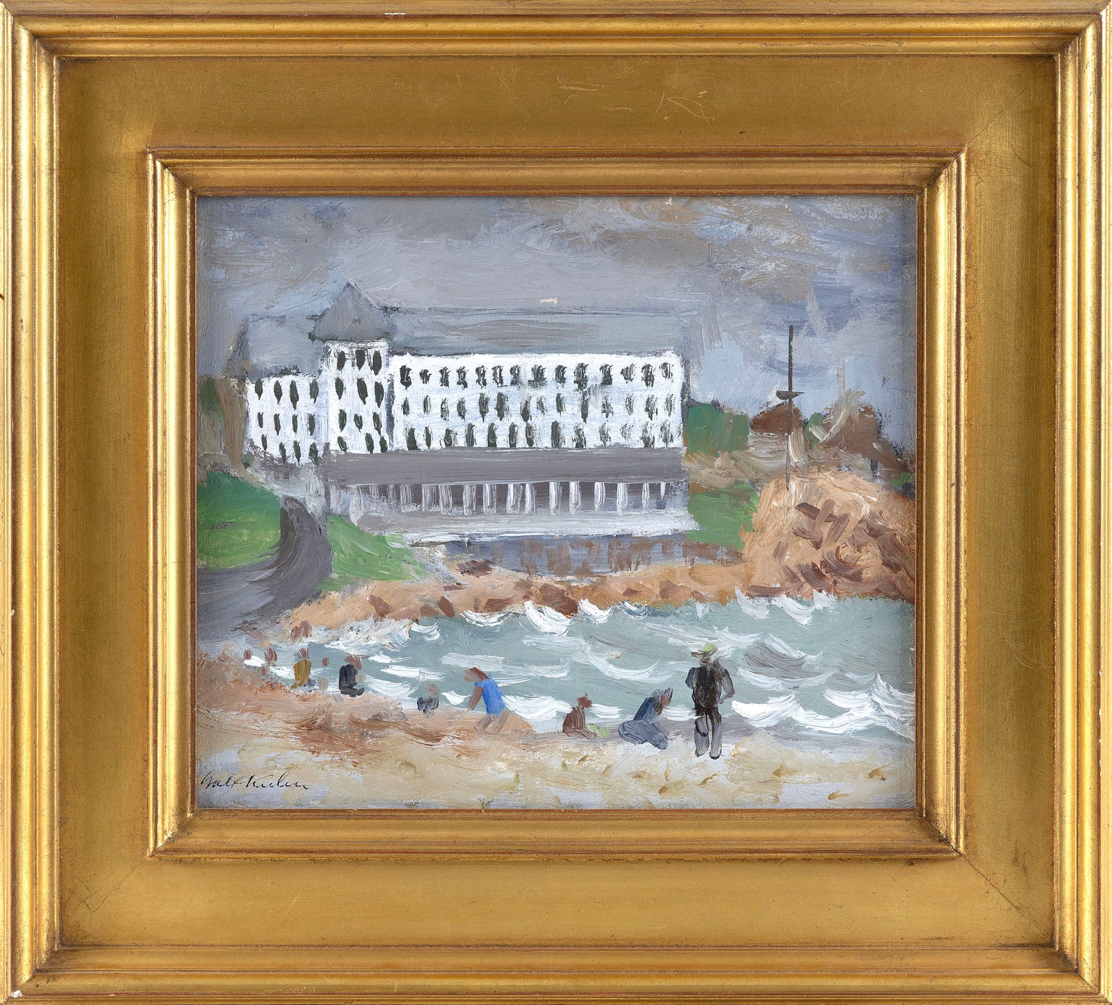 WALTER FRANCIS KUHN (New York/California, 1877-1949), Figures on a beach by a grand hotel., Oil on (1 of 2)