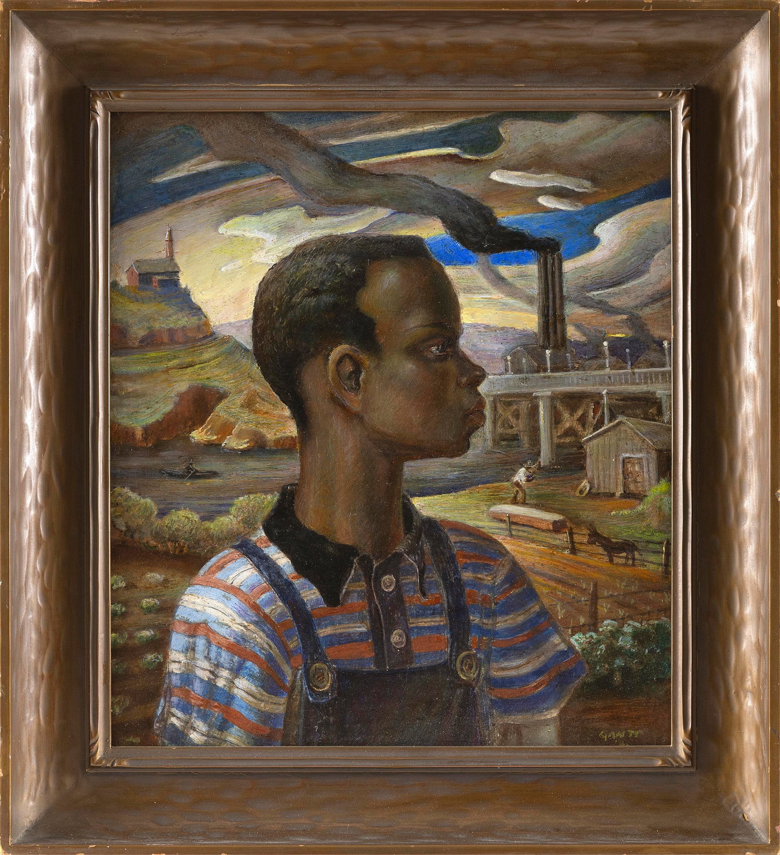 JAMES BRITTON GANTT (Kansas, 1911-1984), Profile portrait of a boy with a factory in the (1 of 2)