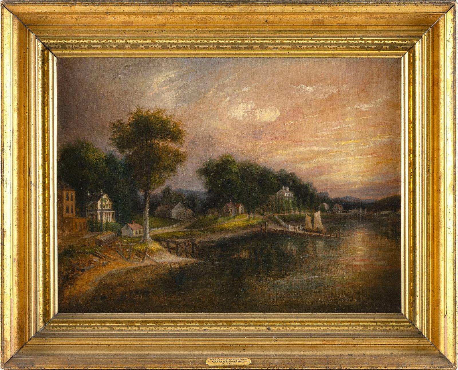 ATTRIBUTED TO CHARLES HUBBARD (Massachusetts, 1801-1876), "Winnisimmet by the Ferry Landing".: ATTRIBUTED TO CHARLES HUBBARD Massachusetts, 1801-1876 "Winnisimmet by the Ferry Landing". Unsigned. Titled on frame plaque. Labeled verso "Charles River -painted about 1840 - by Charles Hubbard, who 