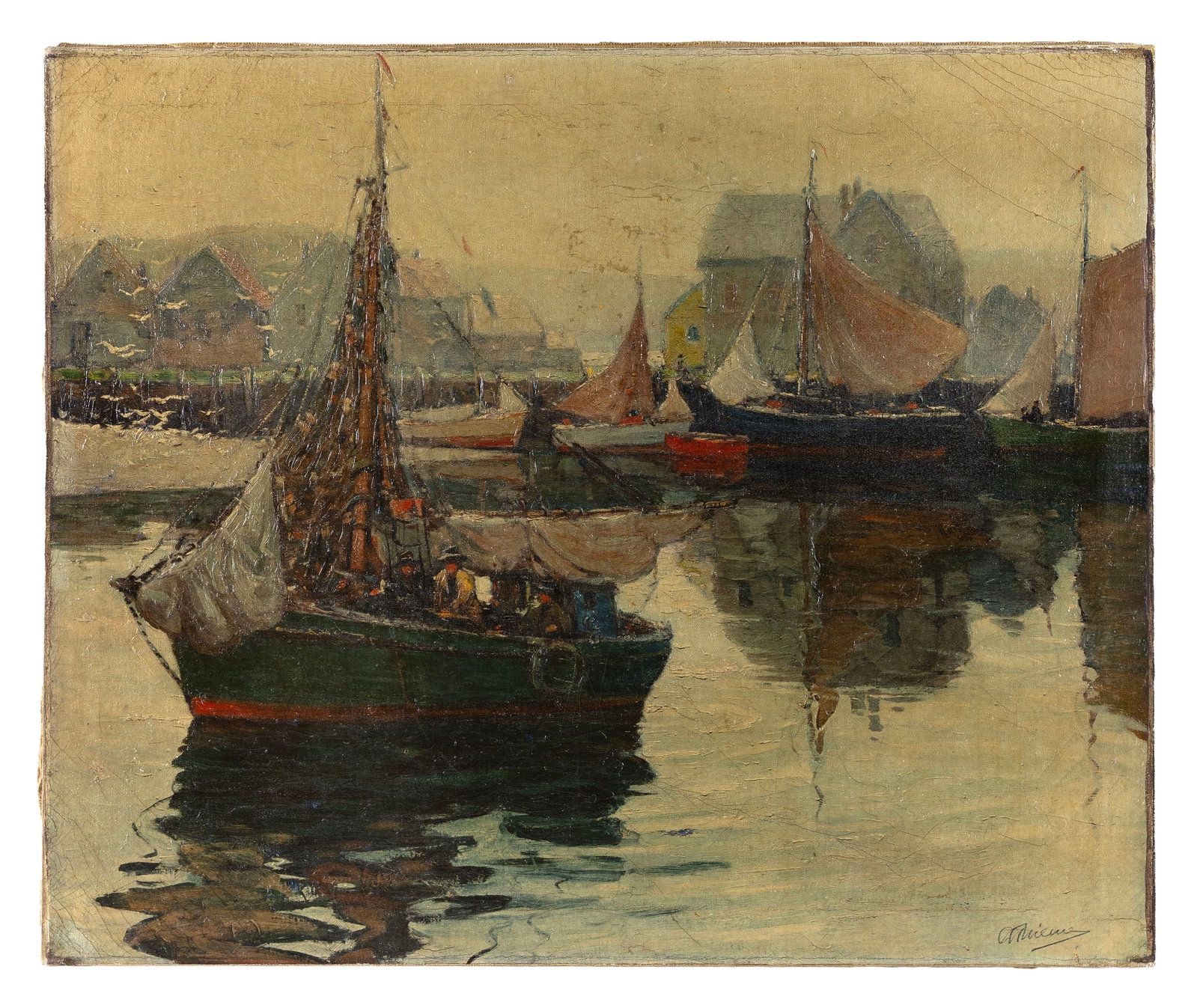ANTHONY THIEME (Massachusetts/California, 1888-1954), Boats in a harbor., Oil on canvas, 25" x 30". (1 of 2)