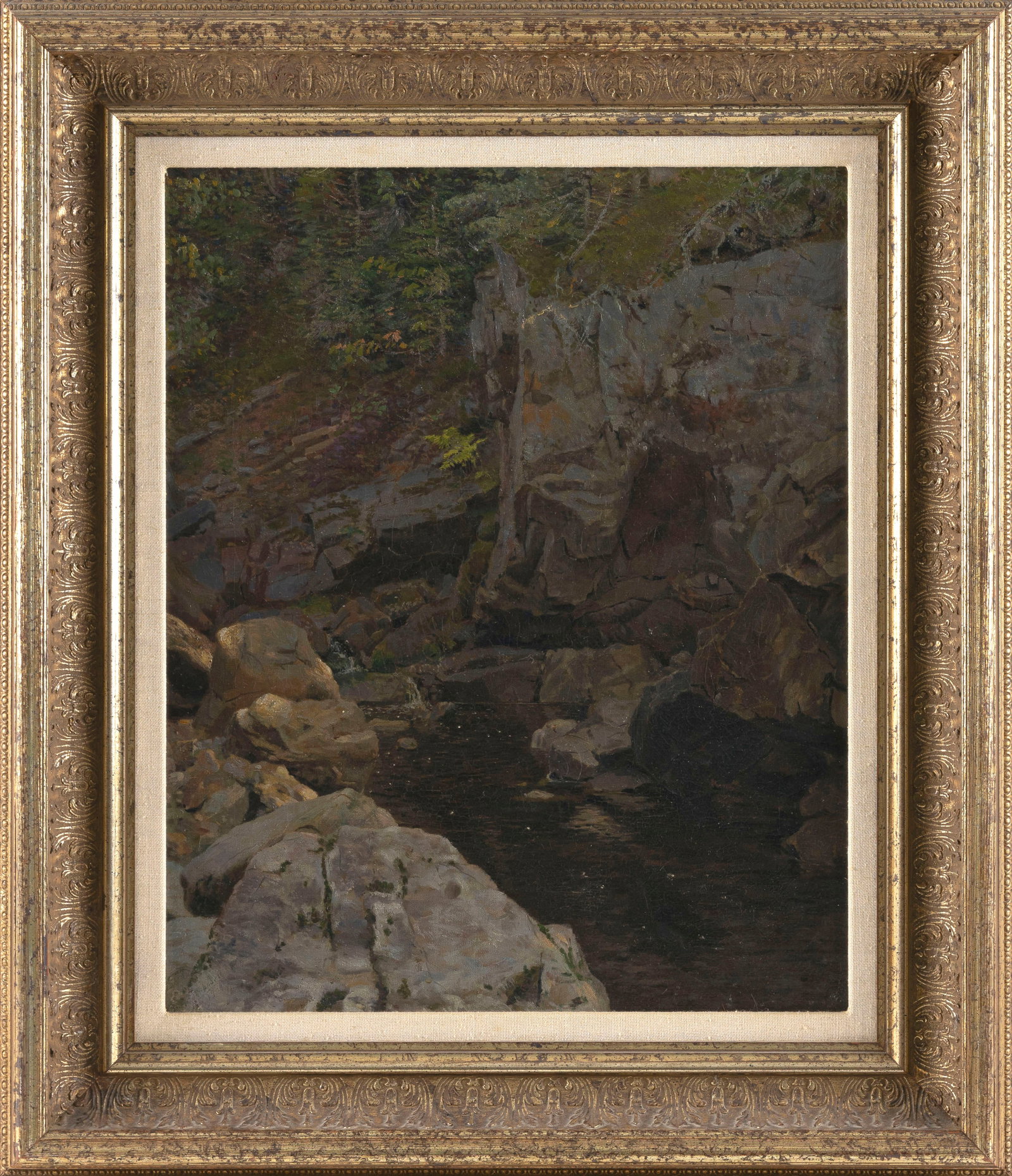 ALDRO T. HIBBARD (Massachusetts, 1886-1892), A mountain pool., Oil on canvas, 20" x 16". Framed 28" (1 of 3)