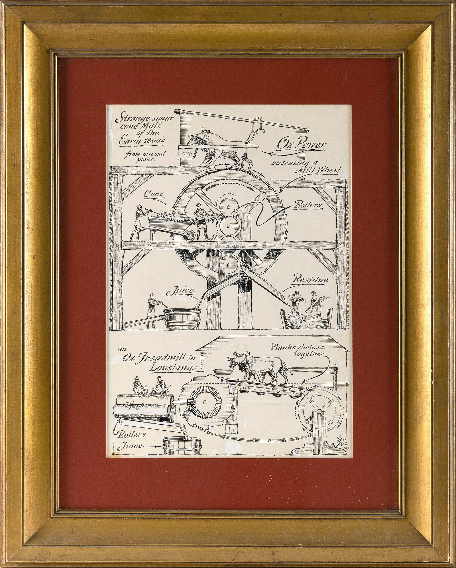 ERIC SLOANE (New York/Connecticut, 1905/10-1985), "Strange sugar cane Mills of the Early 1800's from: ERIC SLOANE New York/Connecticut, 1905/10-1985 "Strange sugar cane Mills of the Early 1800's from original plans". Signed lower right "Eric Sloane". Pen and ink on paper, 18" x 12" sight. Framed 29" x
