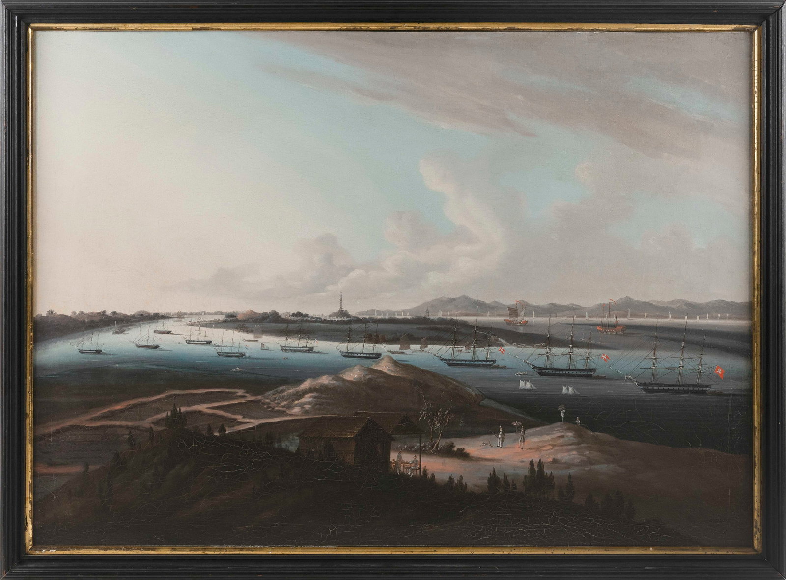 CHINESE SCHOOL (19th Century,), Whampoa Harbor., Oil on canvas, 24.75" x 35". Framed 28" x 38".: CHINESE SCHOOL 19th Century Whampoa Harbor. Unsigned. Oil on canvas, 24.75" x 35". Framed 28" x 38".