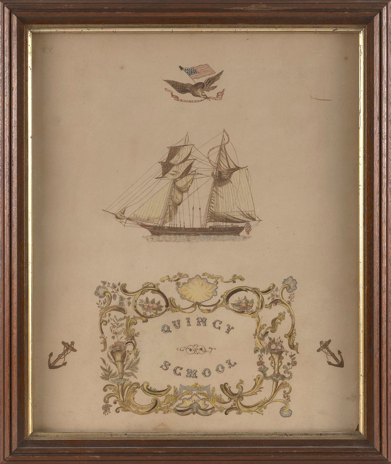 CHARMING "QUINCY SCHOOL" MARITIME MONTAGE Massachusetts, 19th Century Watercolor and ink, 16" x: CHARMING "QUINCY SCHOOL" MARITIME MONTAGE Massachusetts, 19th Century Depicts an American eagle with a flag and an "R.B. Lincoln Jr." banner; a two-masted U.S. revenue cutter with gunports, an America