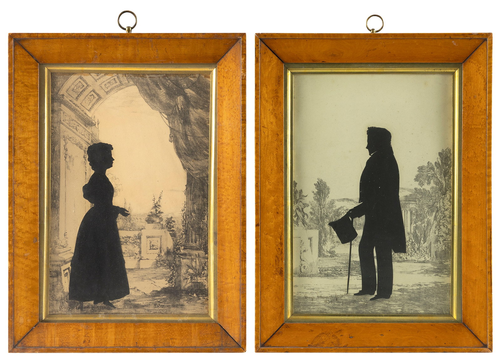 AUGUSTIN-AMANT-CONSTANT-FID?LE EDOUART (France/America, 1789-1861), A man with top hat and cane, and: AUGUSTIN-AMANT-CONSTANT-FIDELE EDOUART France/America, 1789-1861 A man with top hat and cane, and a woman with her hand outstretched, both standing in a landscape. Both signed lower left "Aug Edouart 