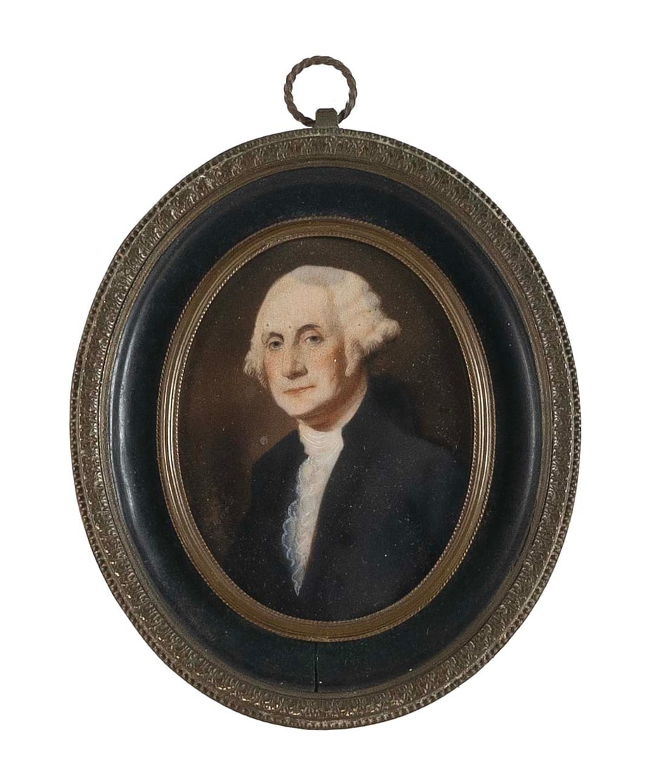 PORTRAIT MINIATURE OF GEORGE WASHINGTON Watercolor, 3.25" x 2.5" sight. Framed 5" x 4". (1 of 2)