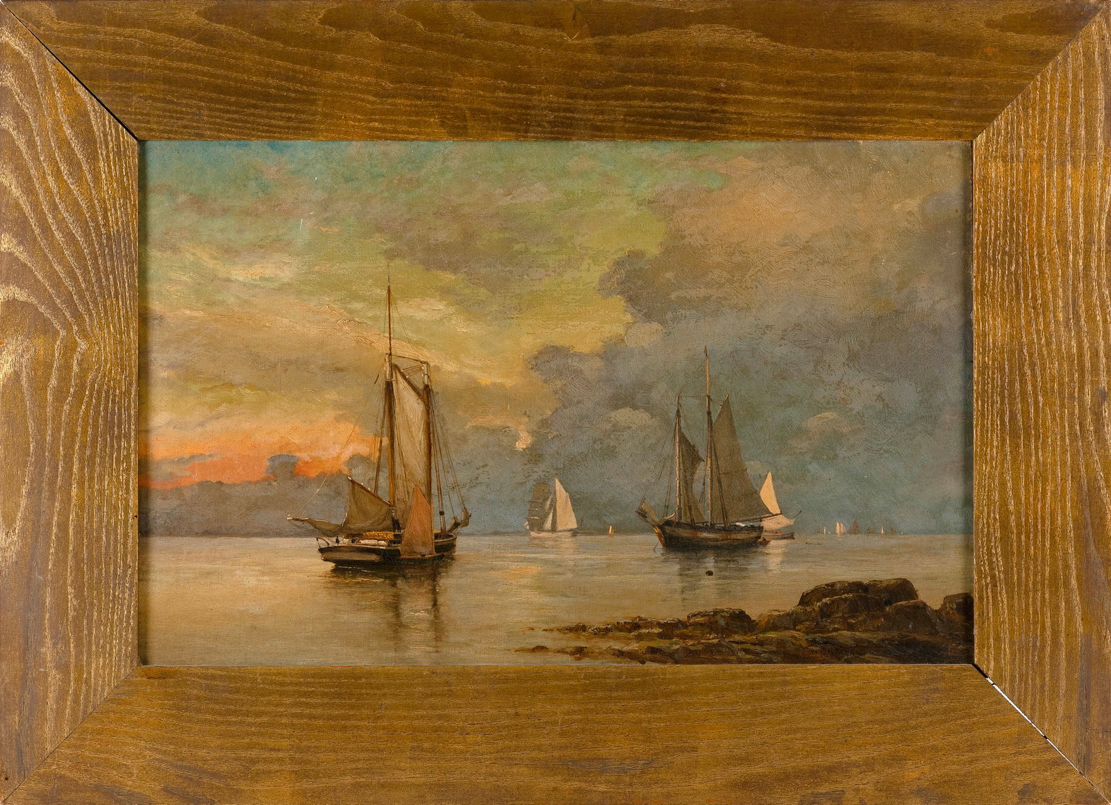 WILLIAM FORMBY HALSALL (Massachusetts, 1841-1919), Sailboats in a harbor at dusk., Oil on canvas: WILLIAM FORMBY HALSALL Massachusetts, 1841-1919 Sailboats in a harbor at dusk. Signed lower right "W. Halsall". Oil on canvas laid down on panel, 15" x 24". Framed 22.5" x 31.5".