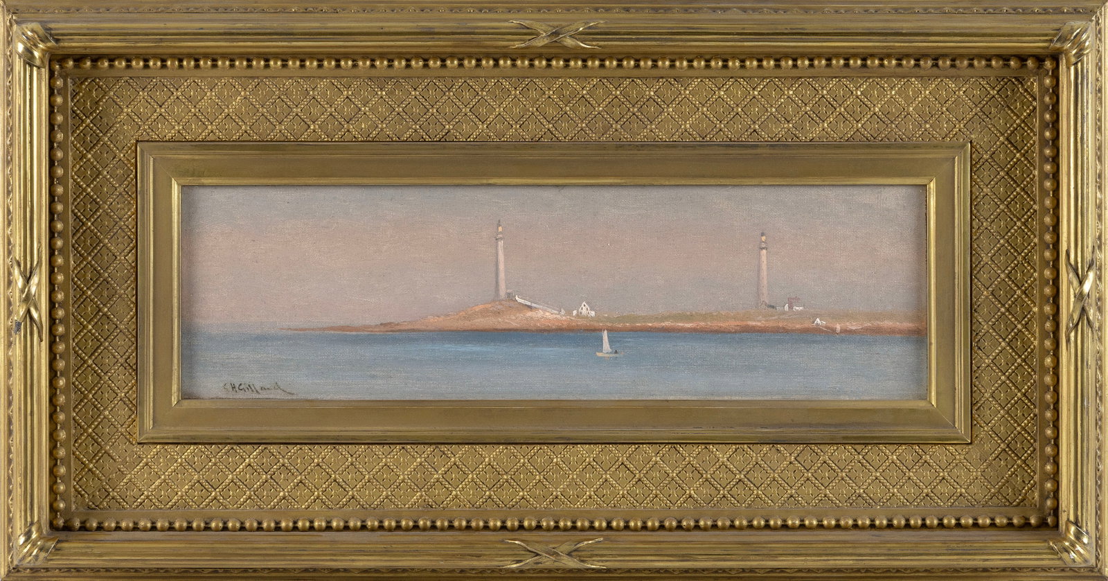 CHARLES HENRY GIFFORD (Massachusetts, 1839-1904), Twin lights, likely Thacher Island, Rockport,: CHARLES HENRY GIFFORD Massachusetts, 1839-1904 Twin lights, likely Thacher Island, Rockport, Massachusetts. Signed lower left "C.H. Gifford". Oil on canvas, 5" x 15.5". Framed 11.75" x 22.25". Provena