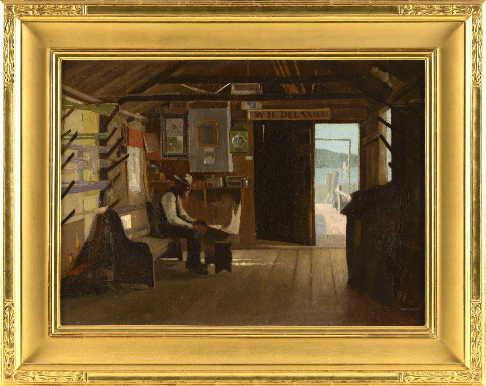 AMERICAN SCHOOL (Late 19th/Early 20th Century,), Gentleman building a pond model in a boathouse.,: AMERICAN SCHOOL Late 19th/Early 20th Century Gentleman building a pond model in a boathouse. Unsigned but a sign in the composition is lettered "W.H. Delaney". Housed in a signed Paul Carter Goodnow f