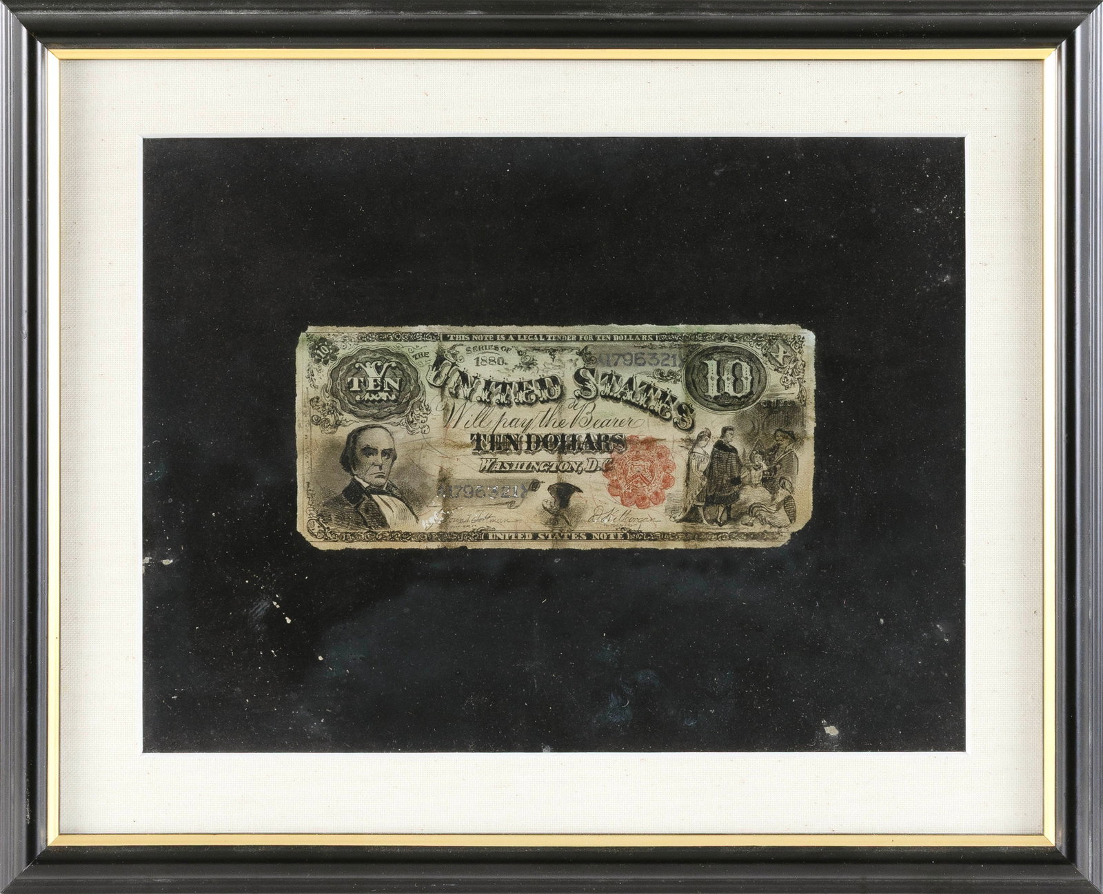 NICHOLAS ALDEN BROOKS (New York, 1840-1904), Trompe l'oeil of a creased ten dollar bill., Oil on: NICHOLAS ALDEN BROOKS New York, 1840-1904 Trompe l'oeil of a creased ten dollar bill. Artist identified verso. Oil on academy board, 8.75" x 11.5" sight. Framed 13" x 16".