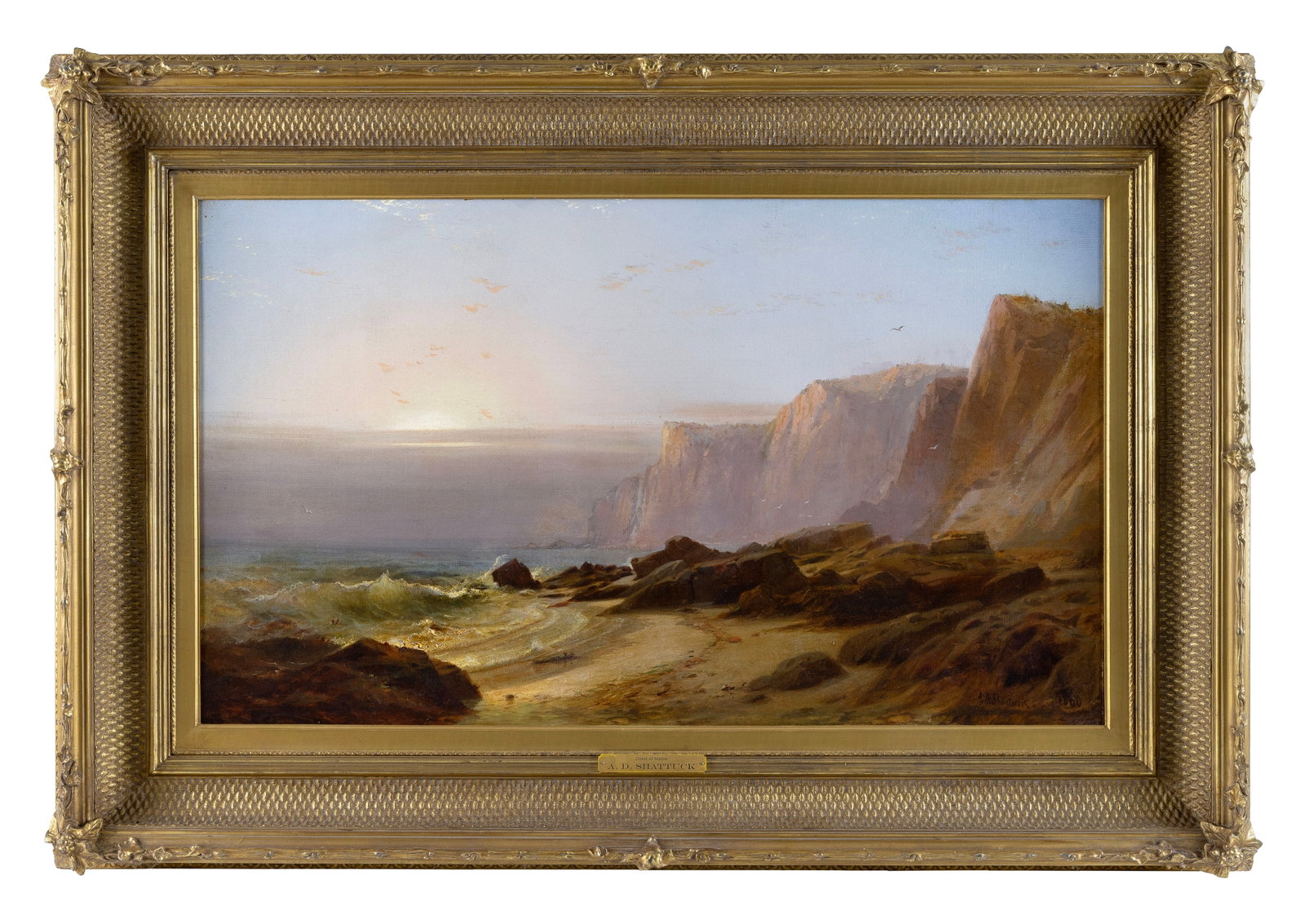 AARON DRAPER SHATTUCK (Connecticut/New Hampshire, 1832-1928), Coast of Maine., Oil on canvas, 20" x: AARON DRAPER SHATTUCK Connecticut/New Hampshire, 1832-1928 Coast of Maine. Signed and dated lower right "A.D. Shattcuck 1860". Oil on canvas, 20" x 34". Framed 30.5" x 44". Provenance: Katherine M. Sa