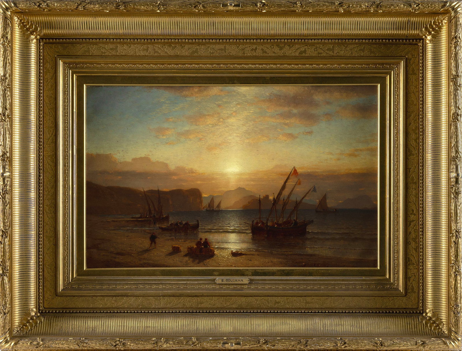 SAMUEL COLMAN (New York/California/Maine, 1832-1920), Harbor sunset, circa 1865., Oil on canvas, 15": SAMUEL COLMAN New York/California/Maine, 1832-1920 Harbor sunset, circa 1865. Signed lower left "Sam Colman". Oil on canvas, 15" x 24". Framed 28.25" x 37". Provenance: Private Collection, Connecticut