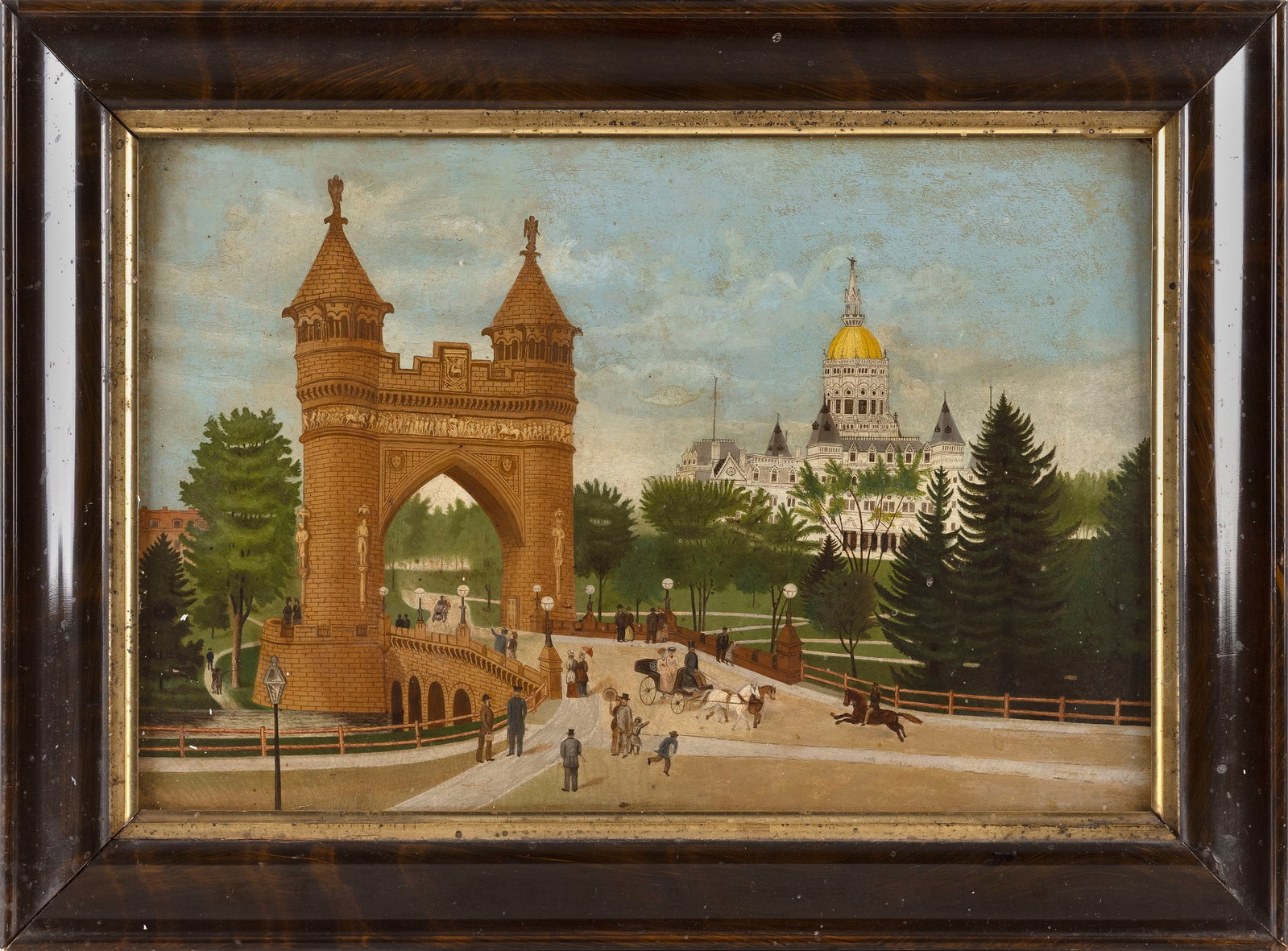AMERICAN SCHOOL (19th Century,), The Connecticut State Capitol and Memorial Arch, Hartford., Oil on: AMERICAN SCHOOL 19th Century The Connecticut State Capitol and Memorial Arch, Hartford. Unsigned. Oil on board, 12" x 18". Framed 16.5" x 22.5". Provenance: The Estate of Paul and Diane Madden, Sandwi