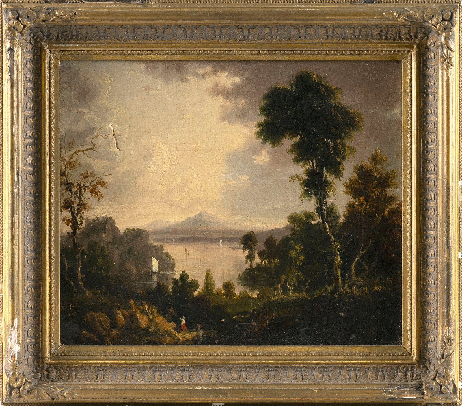 AMERICAN SCHOOL (19th Century,), Mountain lake., Oil on canvas, 10" x 12". Framed 14" x 16".: AMERICAN SCHOOL 19th Century Mountain lake. Unsigned. New York canvas preparer's stencil verso. Oil on canvas, 10" x 12". Framed 14" x 16". Provenance: Northeast Auctions, Portsmouth, New Hampshire, 1