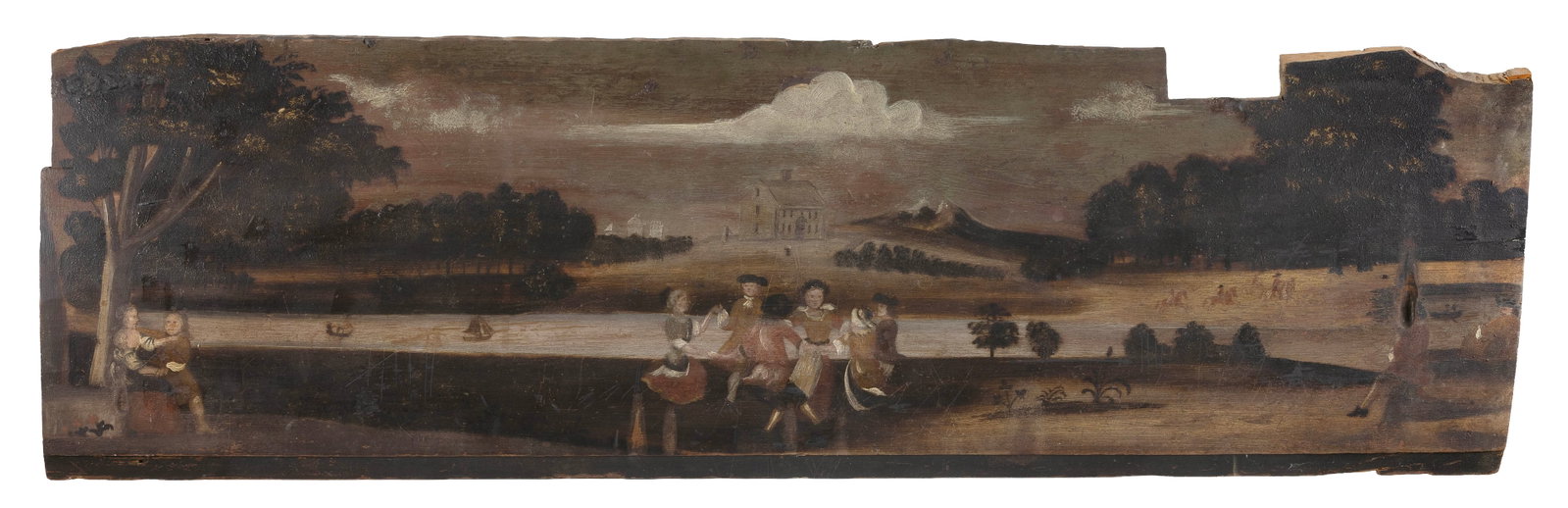 RARE COLONIAL OVERMANTEL PAINTING Massachusetts, 18th Century Oil on board, 18" x 62". Unframed. (1 of 2)
