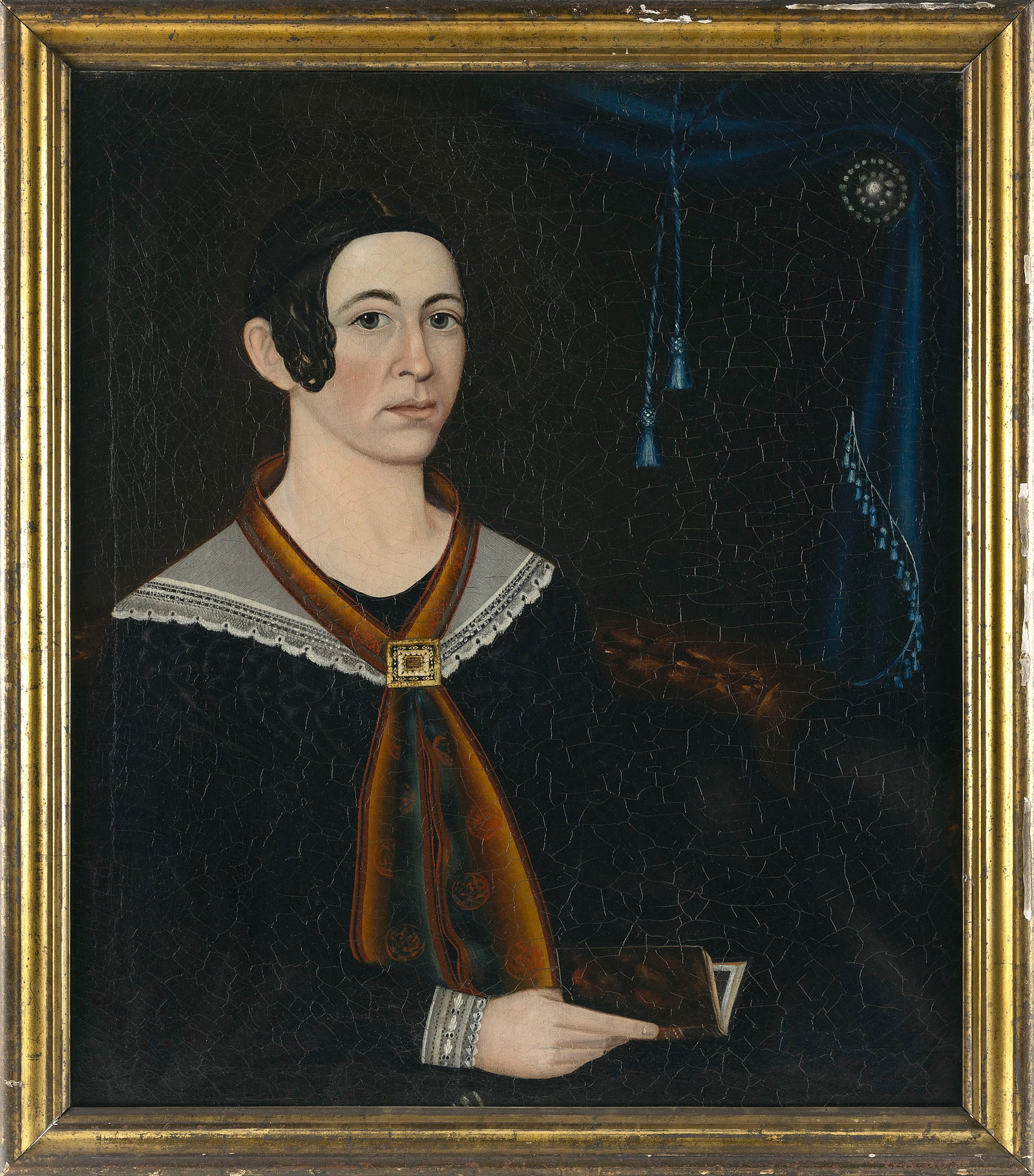 ATTRIBUTED TO DANIEL JOHNSON KELLOGG (America, 19th Century), Portrait of a woman holding a book.,: ATTRIBUTED TO DANIEL JOHNSON KELLOGG America, 19th Century Portrait of a woman holding a book. Unsigned. Handwritten note verso identifies the sitter as a member of the Christian family of New York an