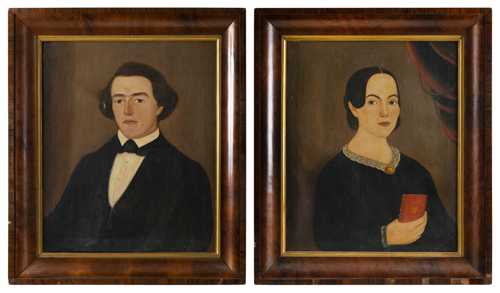 WILLIAM W. KENNEDY (Maryland/Massachusetts/New Hampshire, 1817-1871), Pair of portraits, likely a: WILLIAM W. KENNEDY Maryland/Massachusetts/New Hampshire, 1817-1871 Pair of portraits, likely a husband and his wife. Unsigned. Oils on canvas, 24" x 20". Framed 31" x 27". Provenance: Offered at Garth