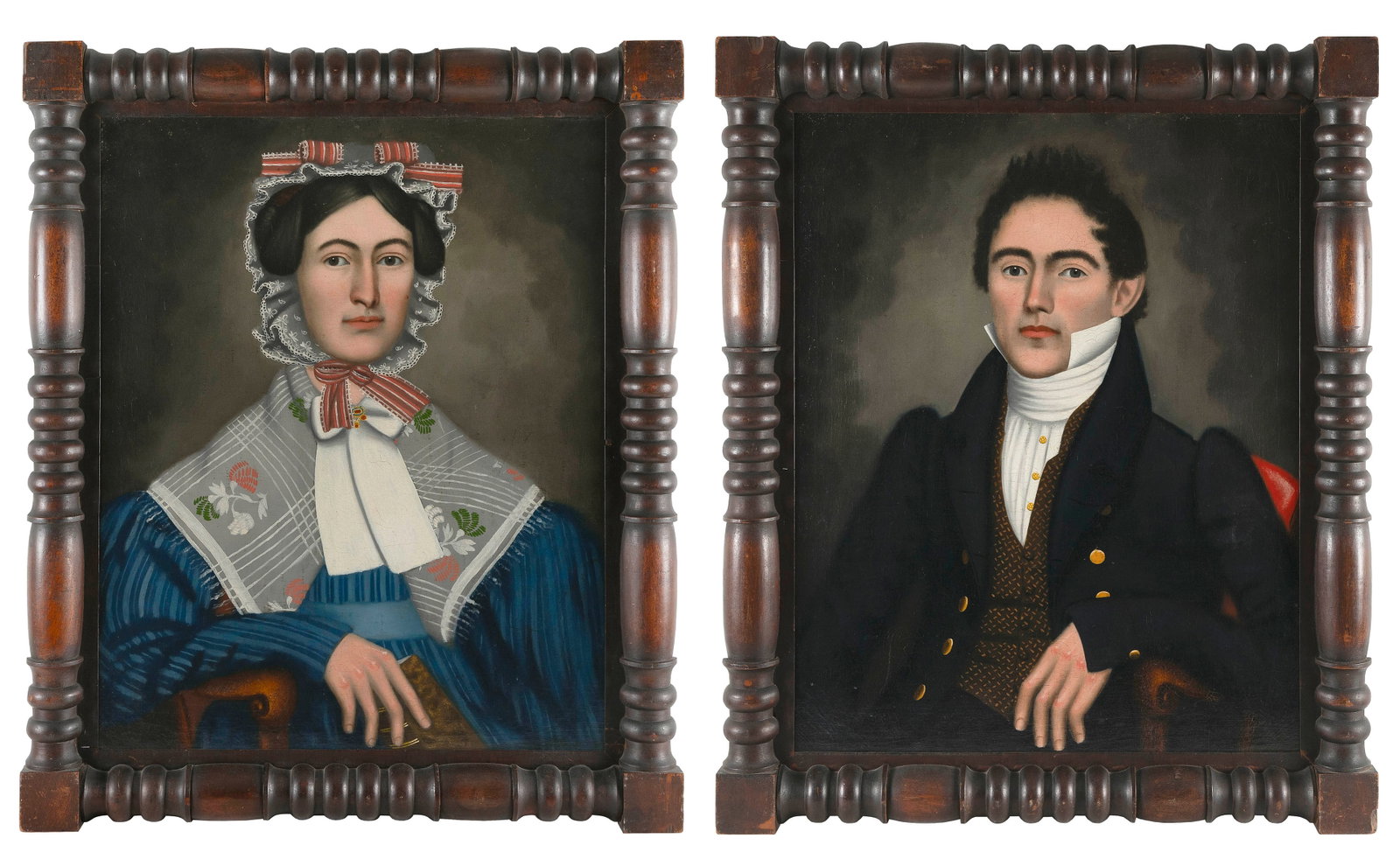 ATTRIBUTED TO ERASTUS SALISBURY FIELD (Connecticut/New York, 1805-1900), Pair of portraits depicting: ATTRIBUTED TO ERASTUS SALISBURY FIELD Connecticut/New York, 1805-1900 Pair of portraits depicting a lady and a gentleman. Unsigned. Housed in their original turned and painted wooden frames. Oils on c