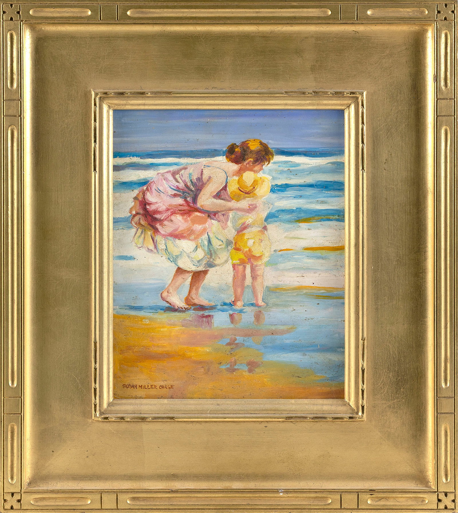 SUSAN MILLER CHASE (Massachusetts, 1868-1948), Mother and daughter at the beach., Oil on board, 10" (1 of 2)