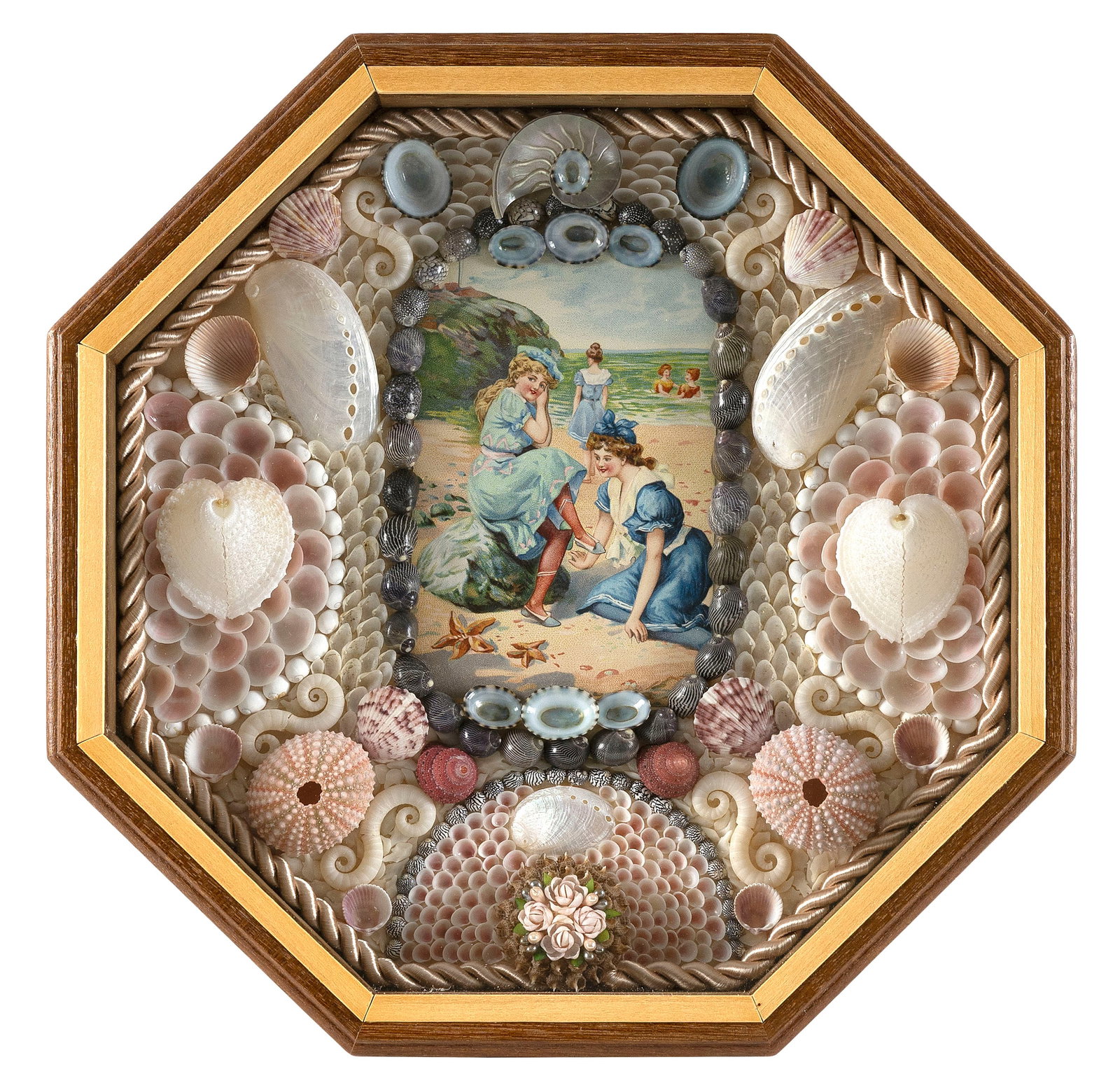 LYNDA SUSAN HENNIGAN SAILOR'S VALENTINE Connecticut, 1951-2025 Case width 12".: LYNDA SUSAN HENNIGAN SAILOR'S VALENTINE Connecticut, 1951-2025 Composed of multicolored shells in geometric and floral designs surrounding an image of women on a beach. Housed in an octagonal wooden c