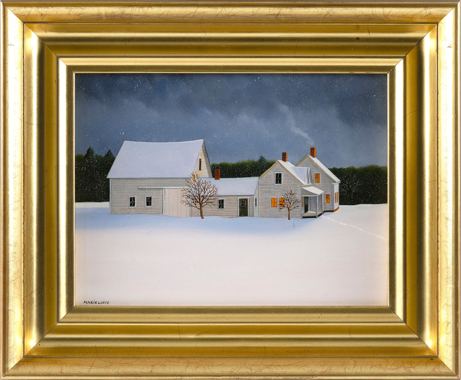 MARIELUISE HUTCHINSON (Massachusetts, 1947-), House in the snow at dusk., Oil on board, 10" x 12". (1 of 1)