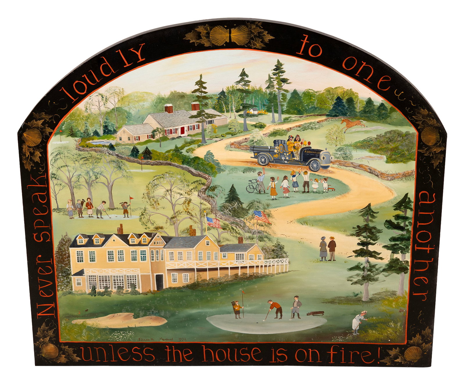 ELIZABETH MUMFORD (Massachusetts, 1950-2020), Fire screen with painted decoration "Never Speak (1 of 2)