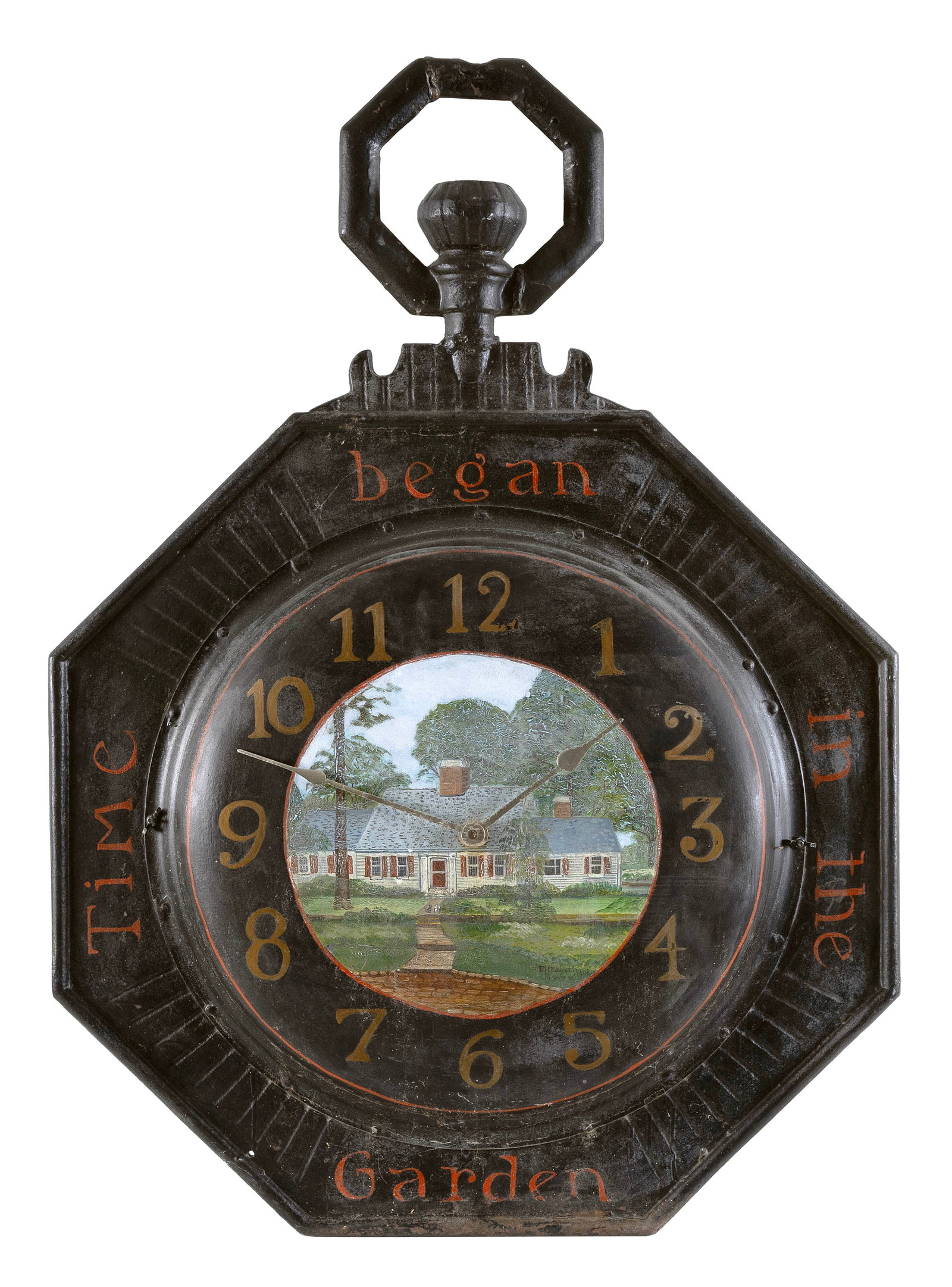 ELIZABETH MUMFORD (Massachusetts, 1950-2020), Cast iron and tin Waltham advertising clock with (1 of 2)