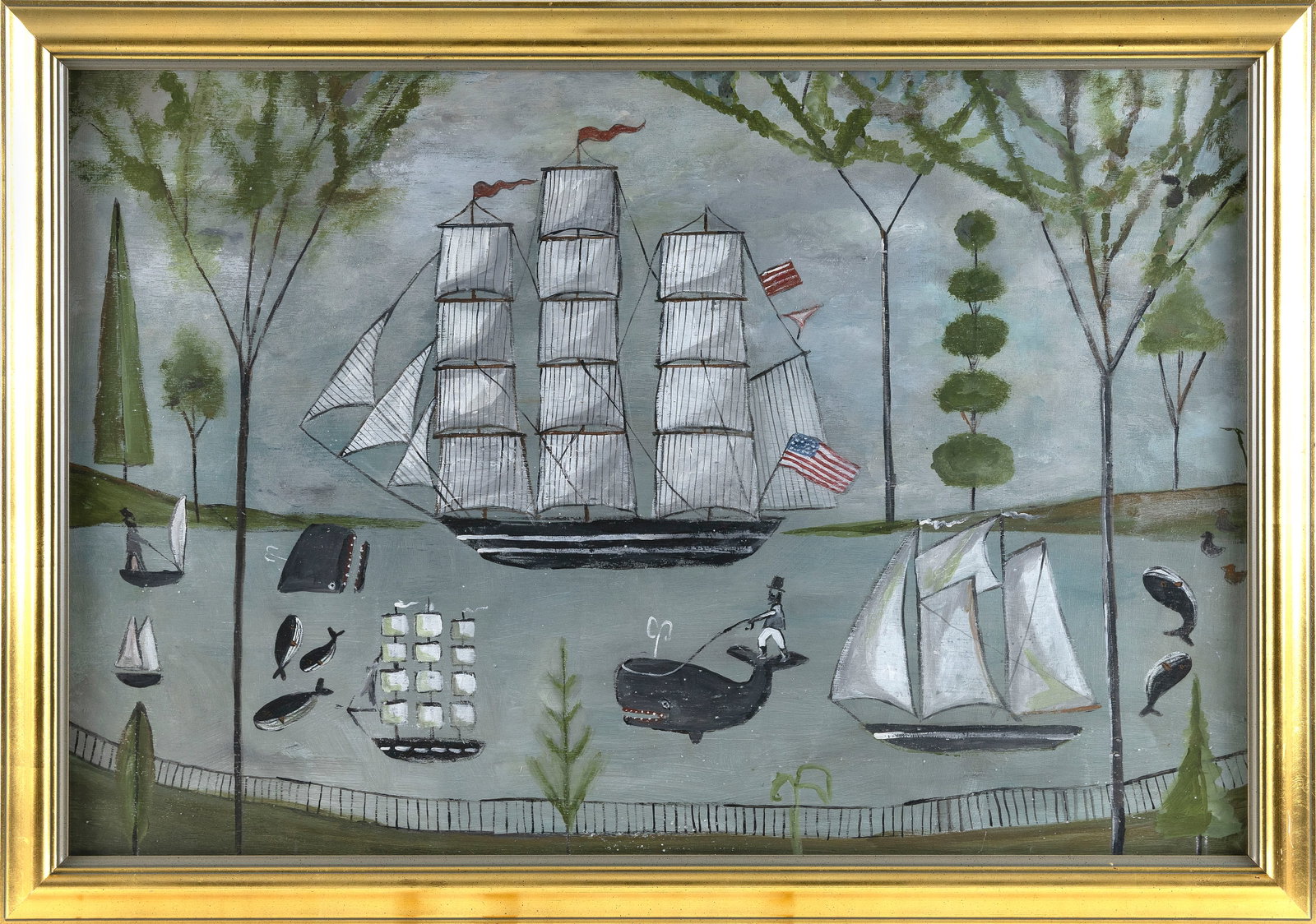 MELINDA KIRKPATRICK (Massachusetts, Contemporary), Folk art scene of sailboats and whales as seen: MELINDA KIRKPATRICK Massachusetts, Contemporary Folk art scene of sailboats and whales as seen from the shore. Signed verso "Melinda". Acrylic on board, 24" x 36". Framed 28" x 39".
