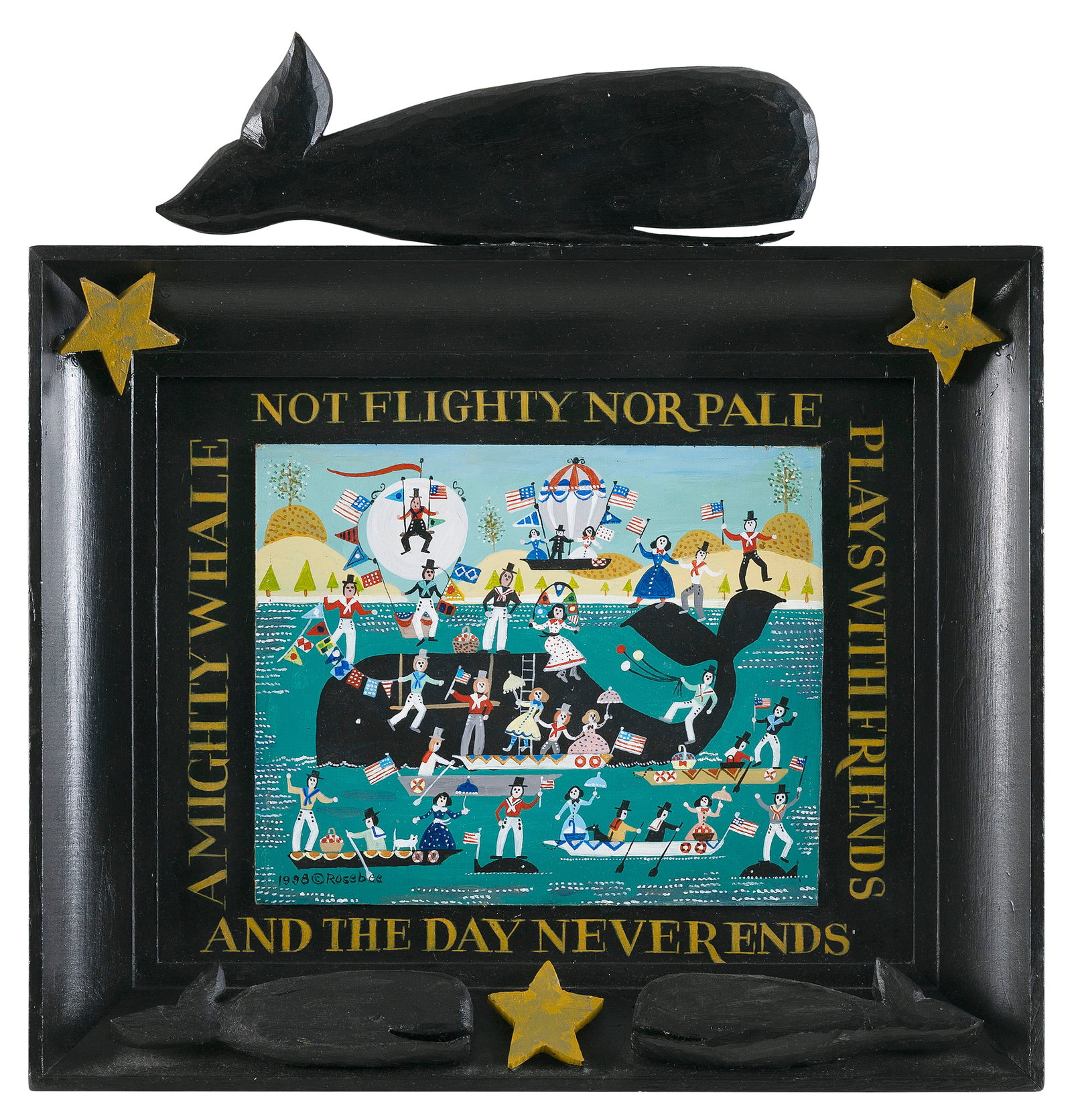 ROSEBEE (Massachusetts, 1932-2016), "A Mighty Whale Not Flighty Nor Pale Plays with Friends And the: ROSEBEE Massachusetts, 1932-2016 "A Mighty Whale Not Flighty Nor Pale Plays with Friends And the Day Never Ends". Signed lower left "Rosebee". Oil on board, 10" x 13" sight. Framed 18" x 17.5".