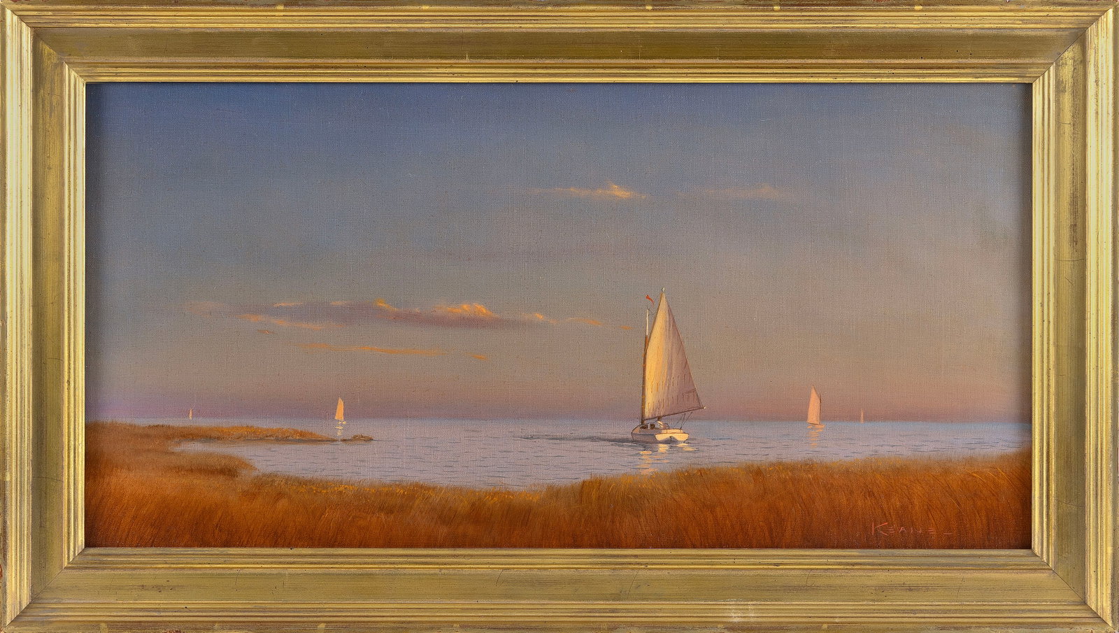 MICHAEL KEANE (Massachusetts, 1948-2015), Sunset marsh scene with catboats., Oil on canvas, 12" x: MICHAEL KEANE Massachusetts, 1948-2015 Sunset marsh scene with catboats. Signed lower right "Keane". Oil on canvas, 12" x 24". Framed 15.5" x 27.5". Provenance: Private Collection, New York. Eldre