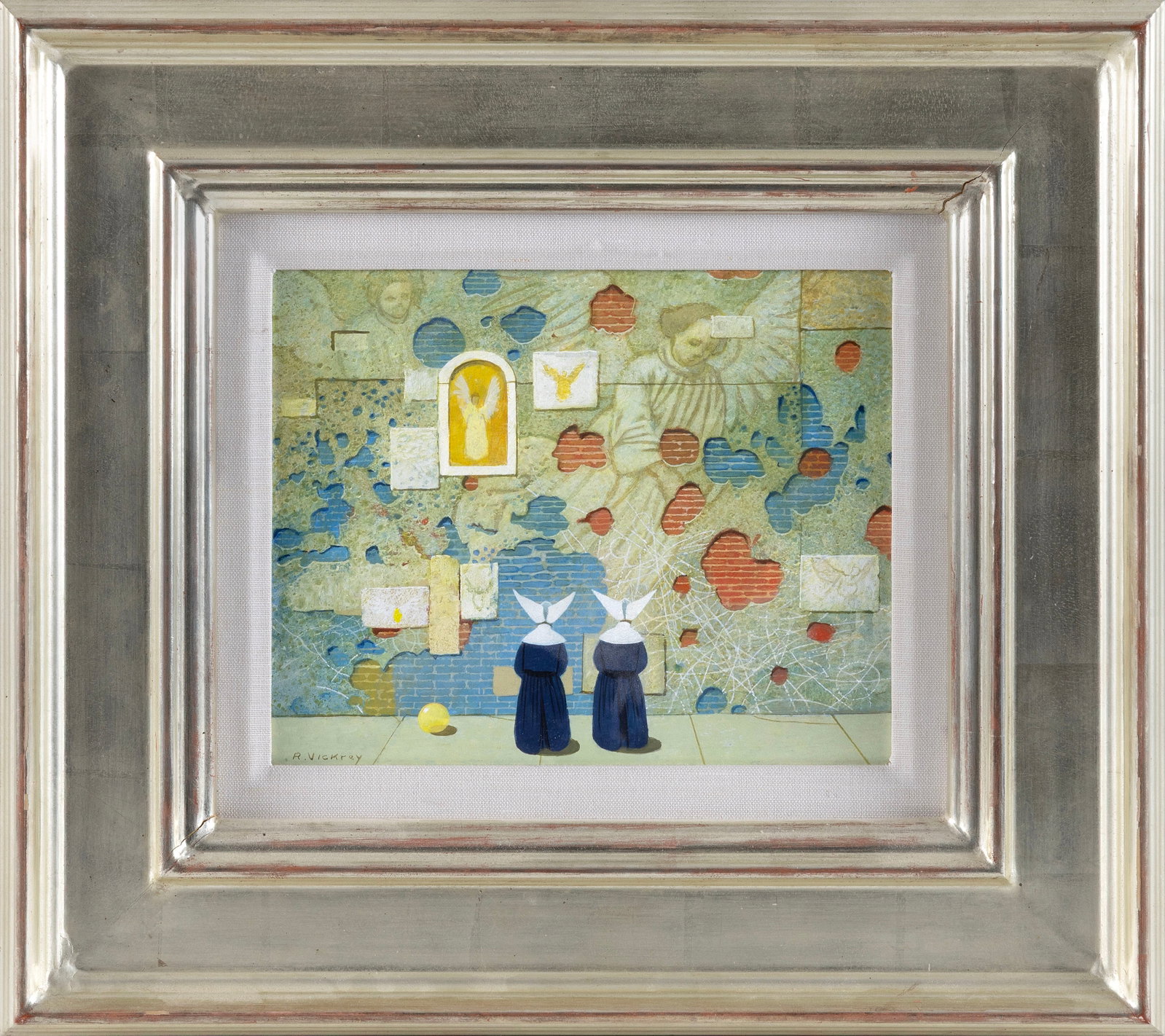 ROBERT REMSEN VICKREY (Massachusetts/Florida/New York, 1926-2011), "Venetian Twins"., Egg tempera on: ROBERT REMSEN VICKREY Massachusetts/Florida/New York, 1926-2011 "Venetian Twins". Signed lower left "R. Vickrey". Egg tempera on panel, 8" x 10". Framed 15.5" x 17.5".