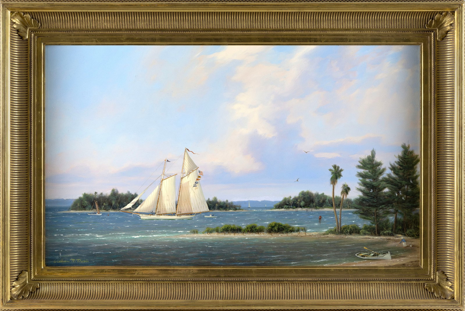 WILLIAM R. DAVIS (Massachusetts, 1952-), "Shell Hunting Along the Intracoastal"., Oil on canvas, 20": WILLIAM R. DAVIS Massachusetts, 1952- "Shell Hunting Along the Intracoastal". Signed lower left "William R. Davis". Titled verso. Oil on canvas, 20" x 34". Framed 27.5" x 41.5".