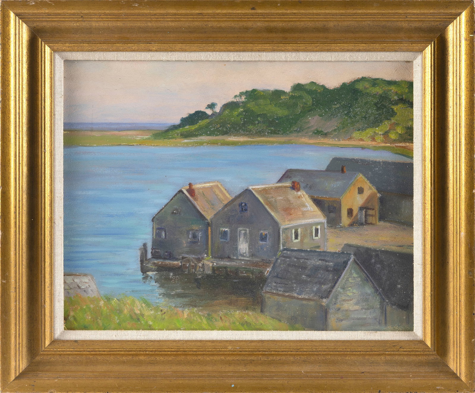 HAROLD C. DUNBAR (Massachusetts, 1882-1953), Fishing shacks., Oil on board, 14" x 18". Framed 19.5" (1 of 1)