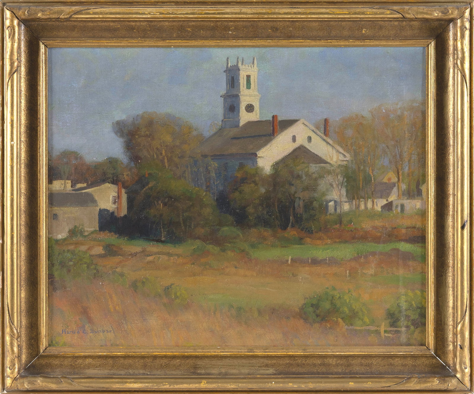 HAROLD C. DUNBAR (Massachusetts, 1882-1953), First United Methodist Church, Chatham, Massachusetts.,: HAROLD C. DUNBAR Massachusetts, 1882-1953 First United Methodist Church, Chatham, Massachusetts. Signed lower left "Harold C. Dunbar". Oil on canvas, 16" x 20". Framed 21" x 25".