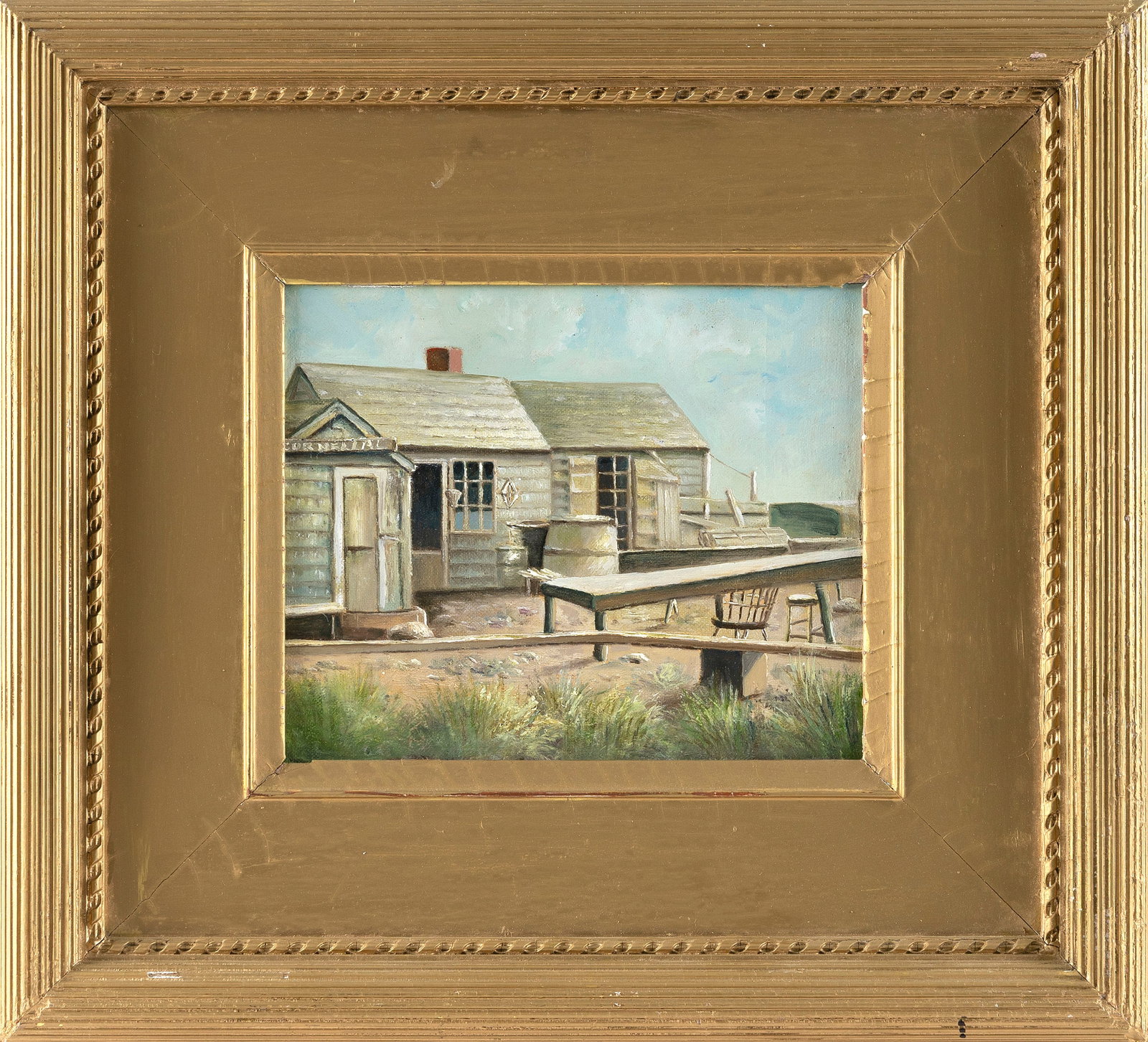 HAROLD C. DUNBAR (Massachusetts, 1882-1953), Oyster shacks., Oil on board, 7" x 8.75". Framed 15" x (1 of 2)