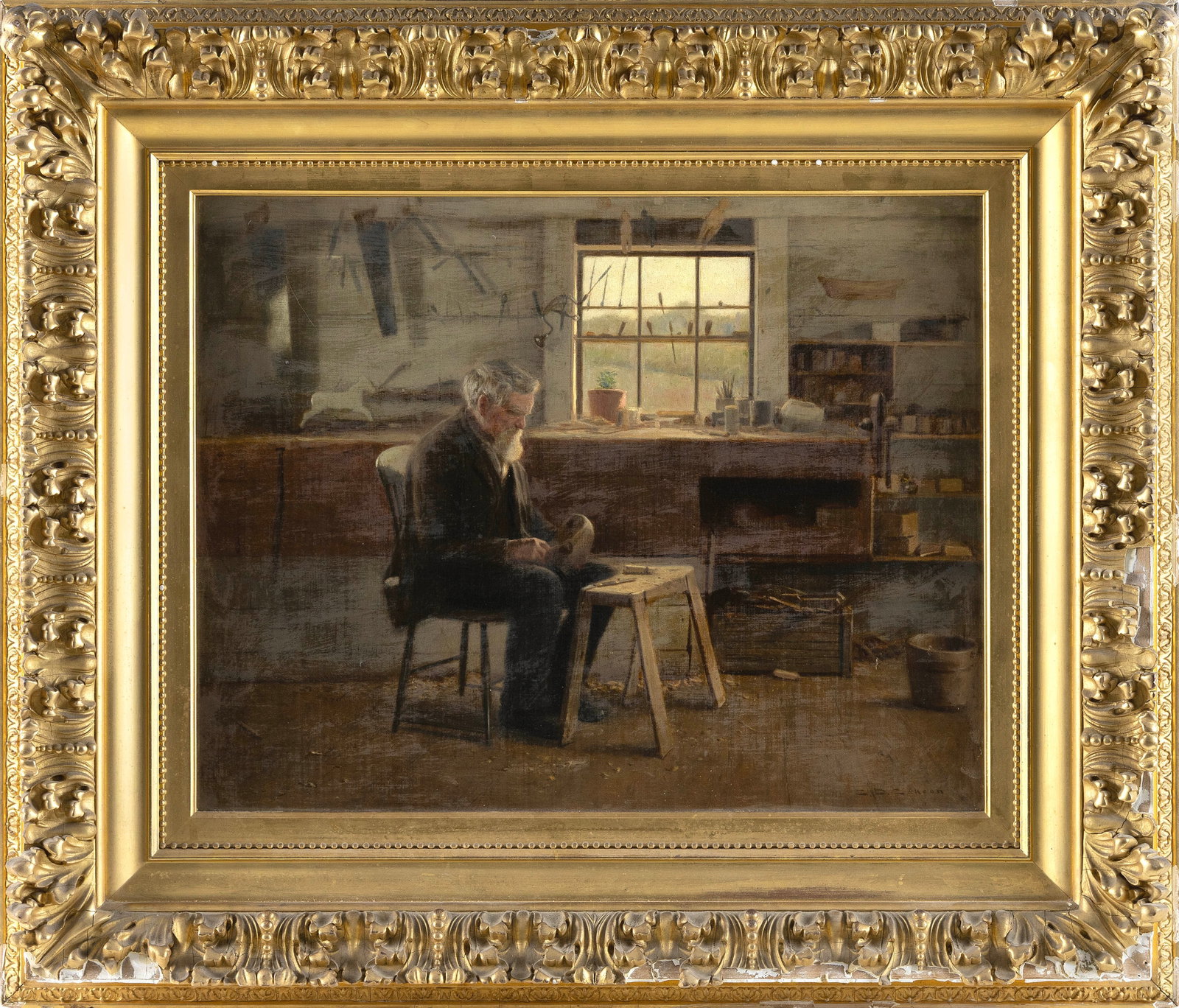 CHARLES DREW CAHOON (Massachusetts, 1861-1951), Toymaker's shop., Oil on canvas, 18" x 23". Framed: CHARLES DREW CAHOON Massachusetts, 1861-1951 Toymaker's shop. Possibly depicts the interior of Arthur Edwards's shop "Shavings", located on Old Harbor Road, Chatham, Massachusetts. Signed lower right 